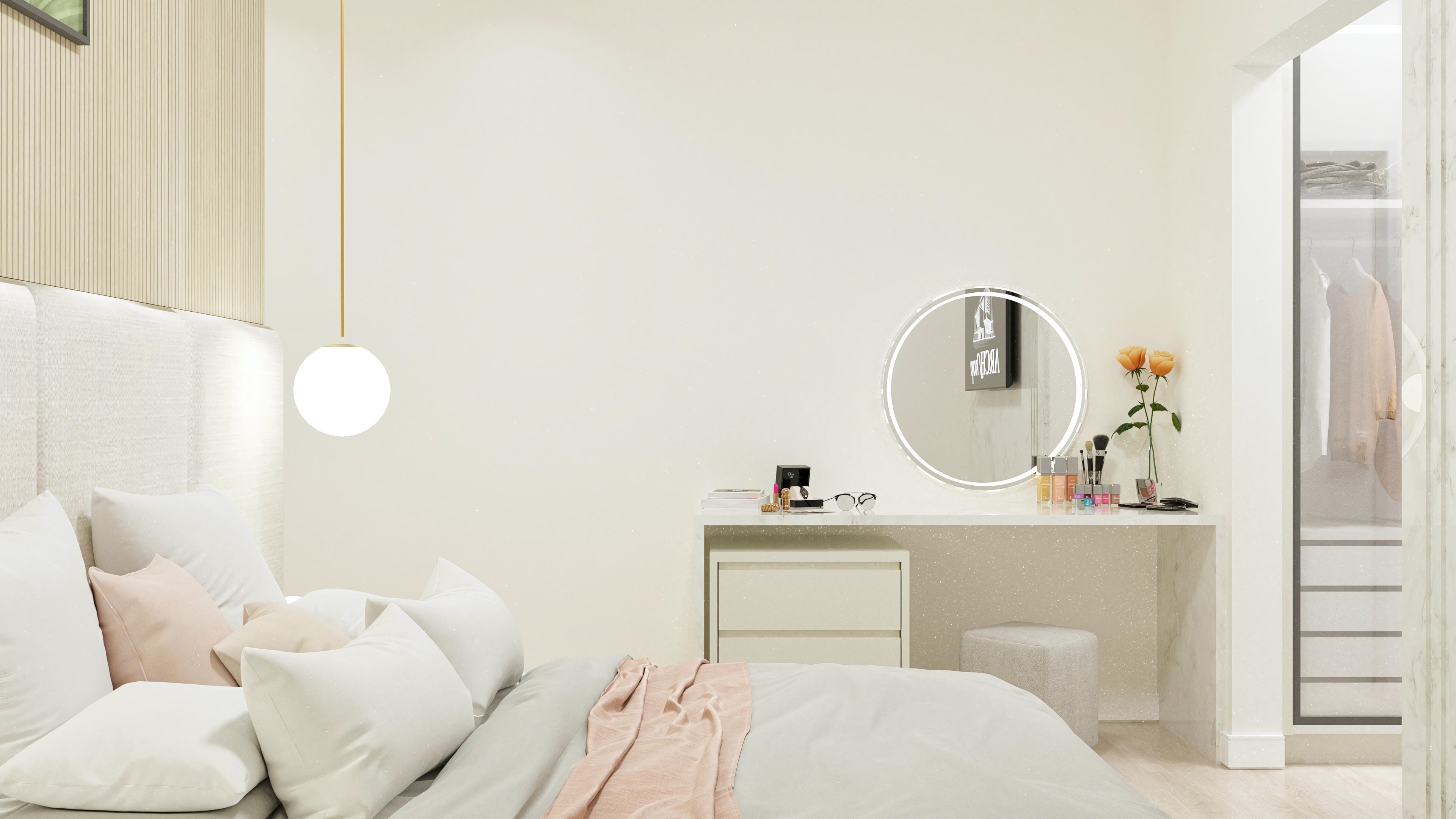 Interior de un dormitorio moderno con cama cómoda, espejo iluminado, tocador y vestidor, utilizando tonos neutros y texturas suaves.