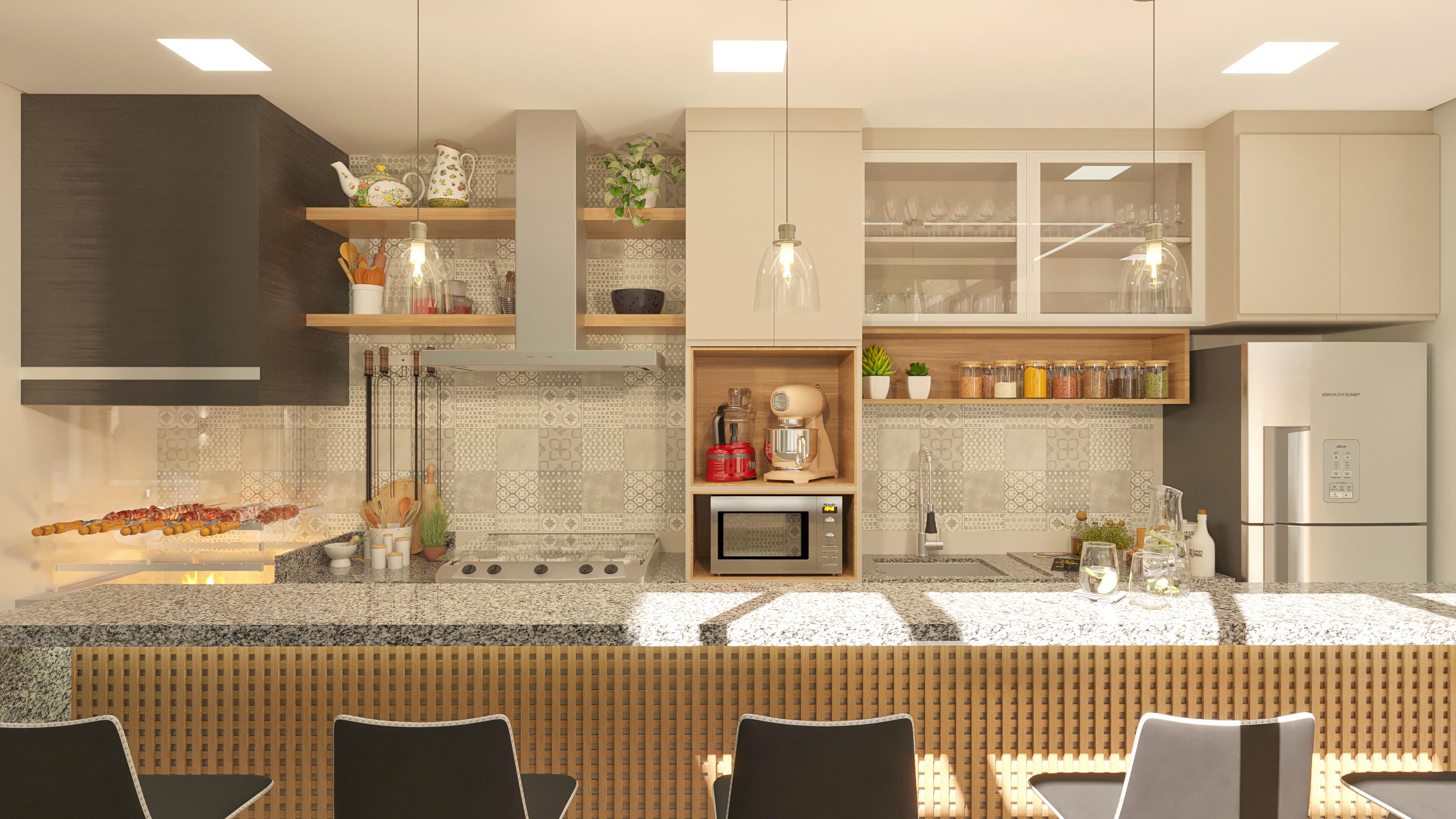 Modern kitchen with granite island, internal barbecue with skewers, custom cabinets, stainless steel range hood, and ceramic cladding.