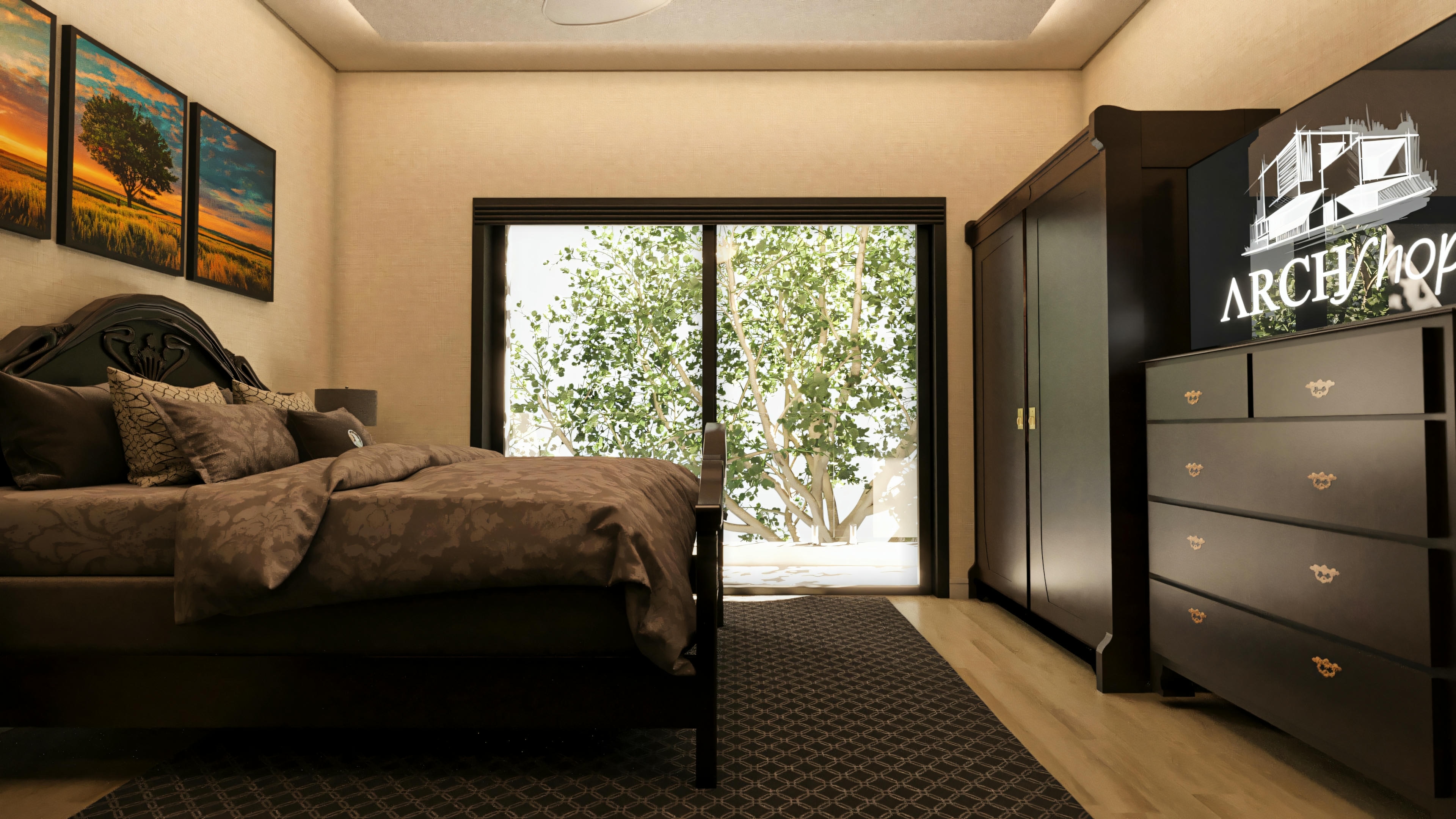 Ampla suíte em casa de alto padrão com 5 quartos, mobiliada com cama de casal, armário e cômoda em madeira escura, e com grande porta de vidro proporcionando vista e acesso à área externa.