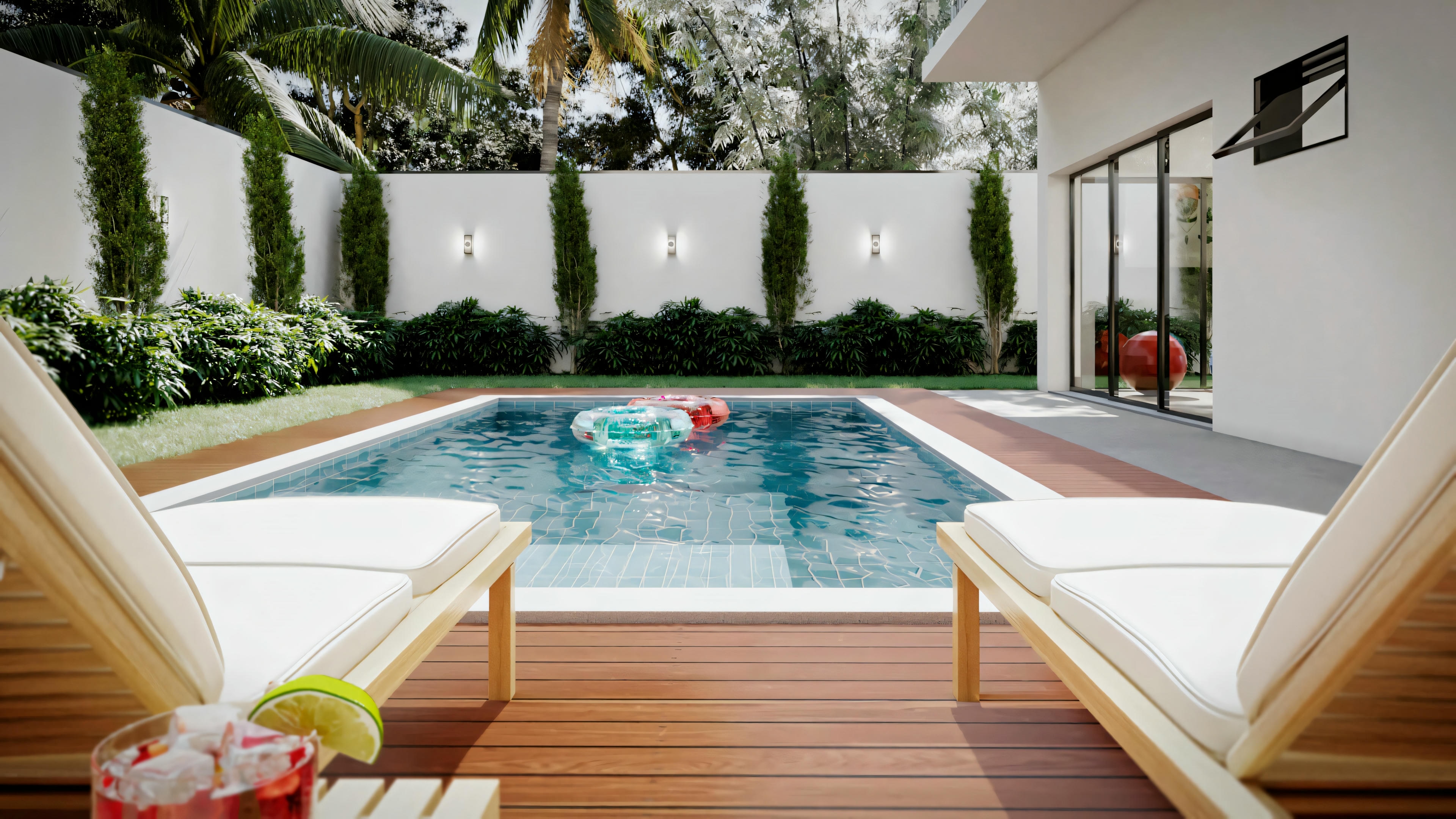 Zona de piscina moderna rodeada de paredes blancas y follaje verde, con dos tumbonas en una terraza de madera y un juguete hinchable flotando en la piscina.