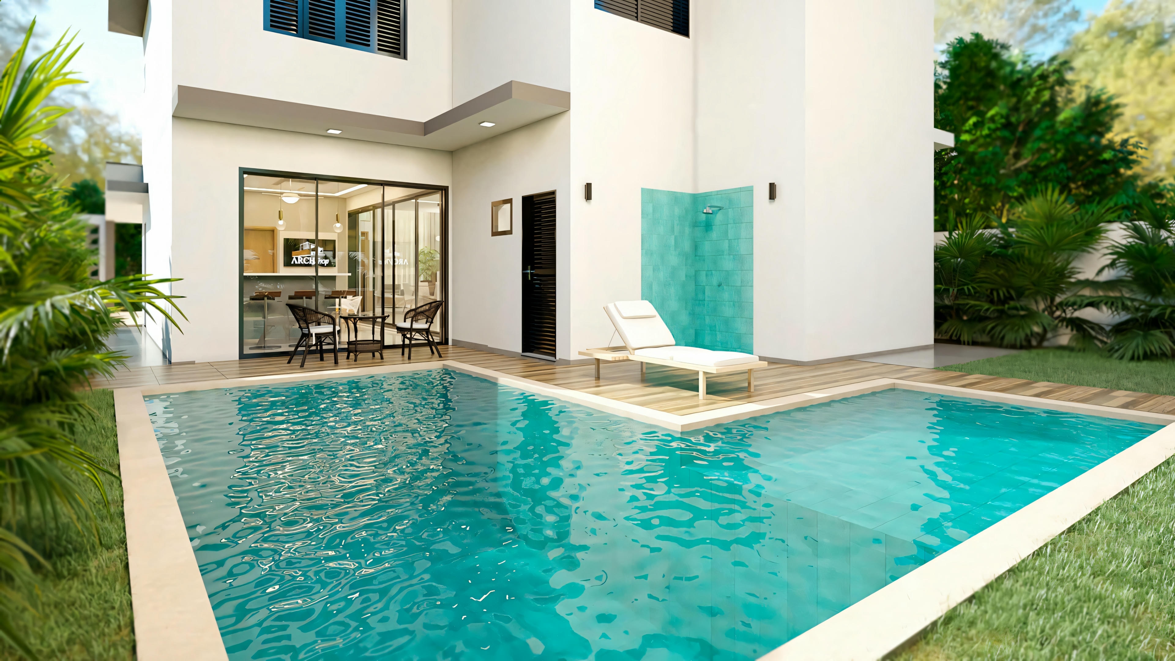 Área de piscina adjacente a uma casa moderna, com água azul e arquitetura contemporânea.