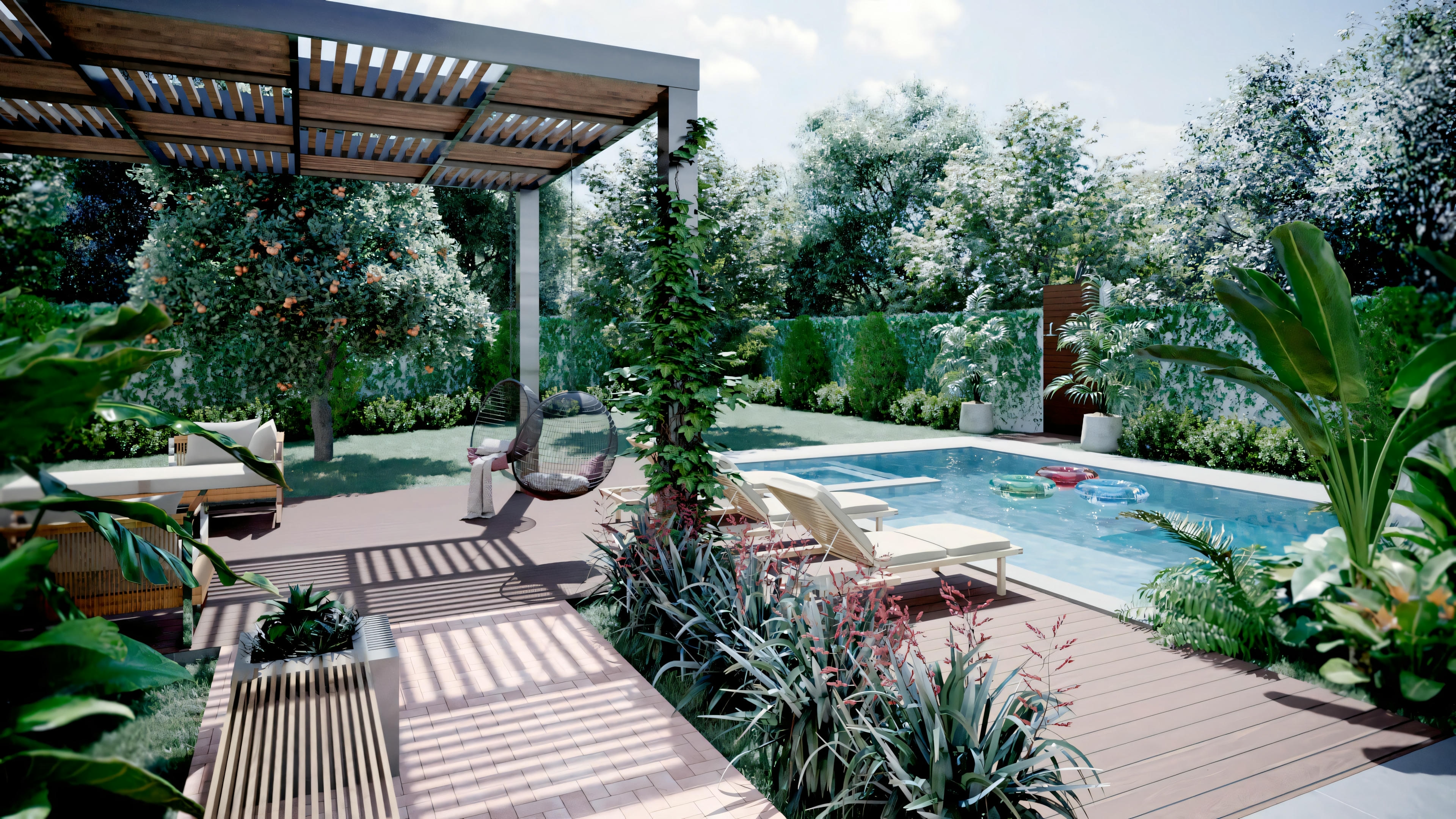 Cena externa com piscina, deck de madeira e áreas de estar confortáveis, combinando relaxamento com design elegante.