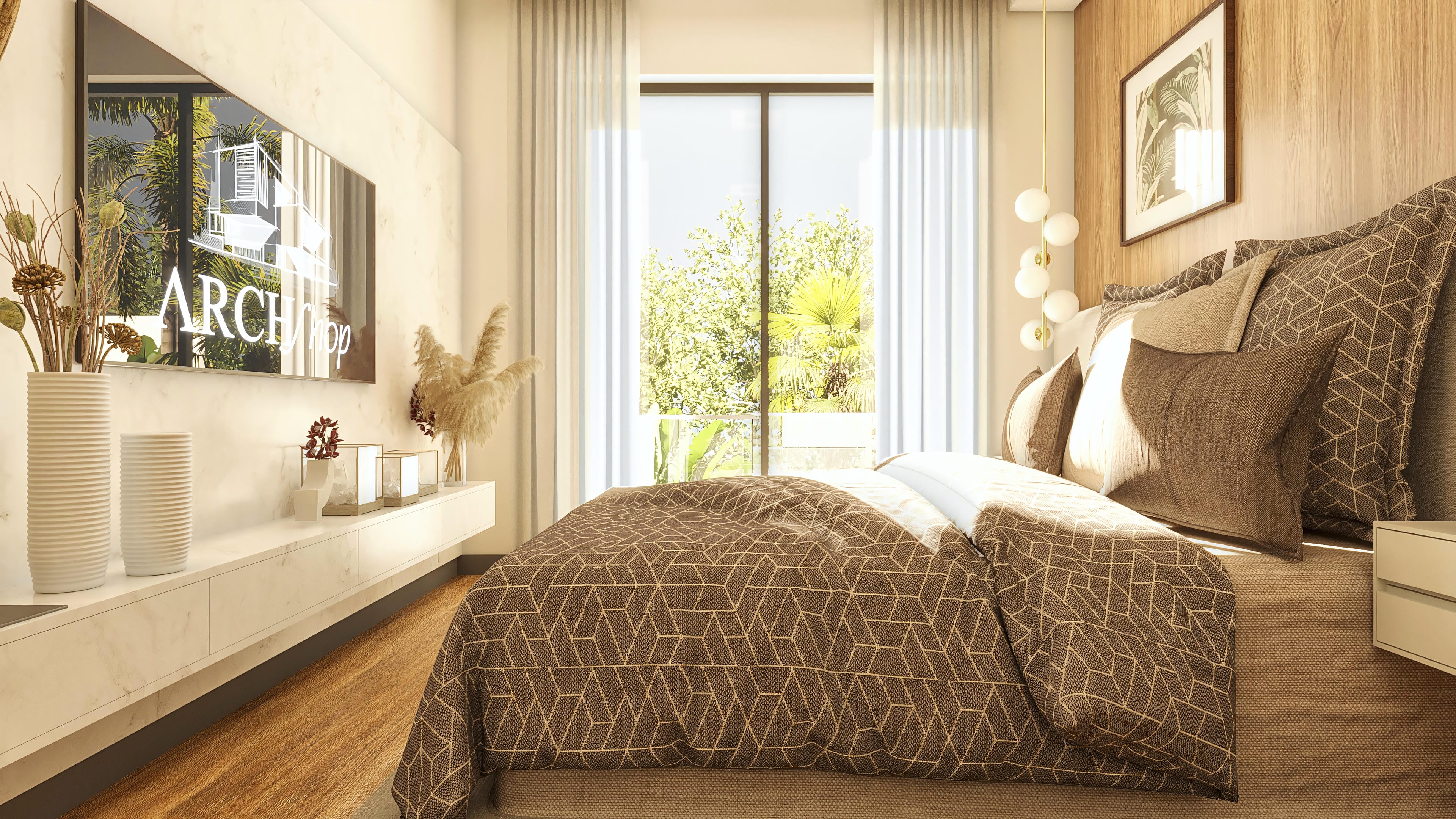 Suite interior with a king-size bed, patterned sheets, modern TV panel, and green view through large windows. Wood textures and marble compose the space.