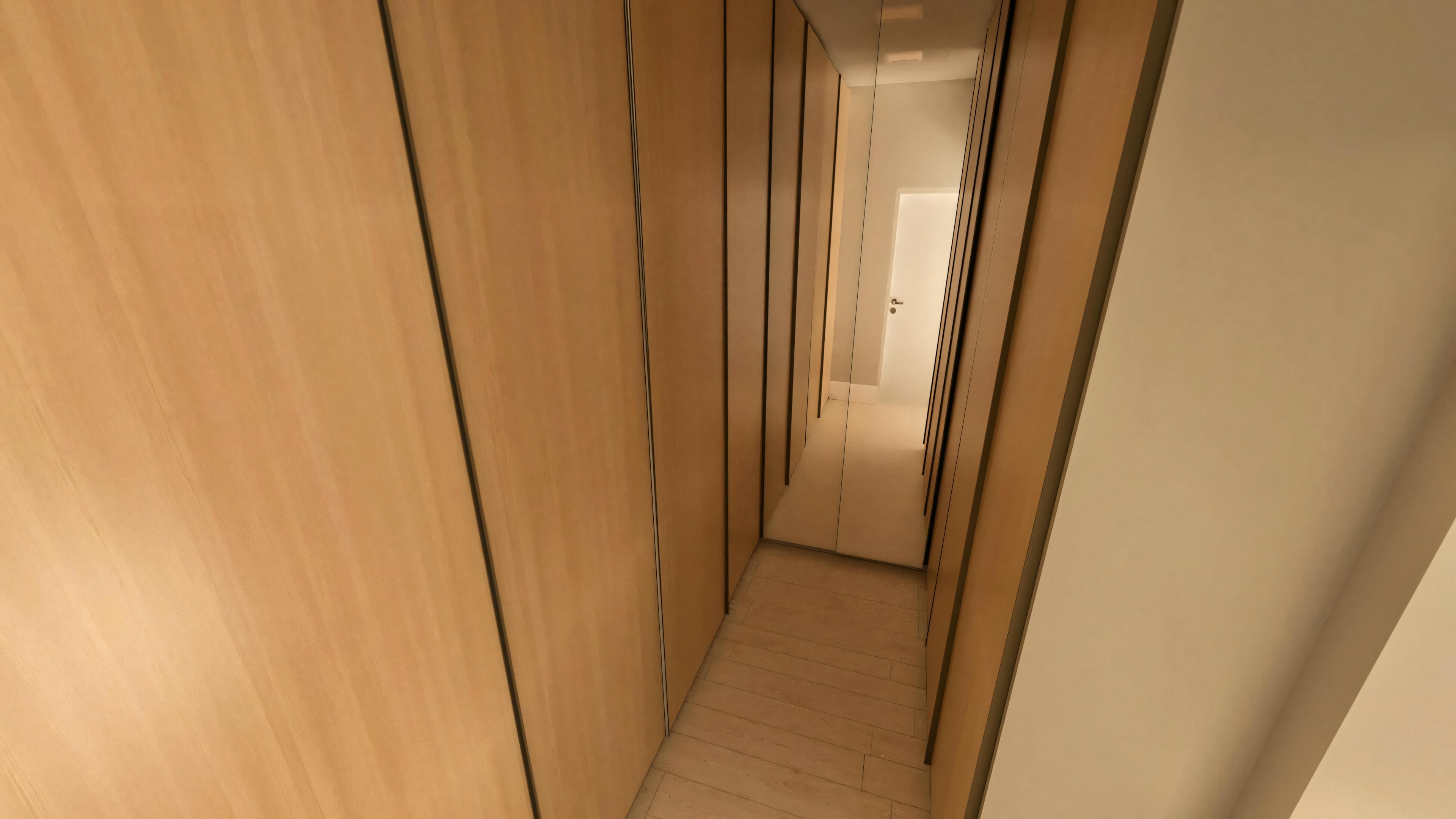 Corredor com função de closet na suíte master da casa térrea com 3 suítes. Armários planejados embutidos com acabamento amadeirado. Projeto casa térrea 3 suítes.