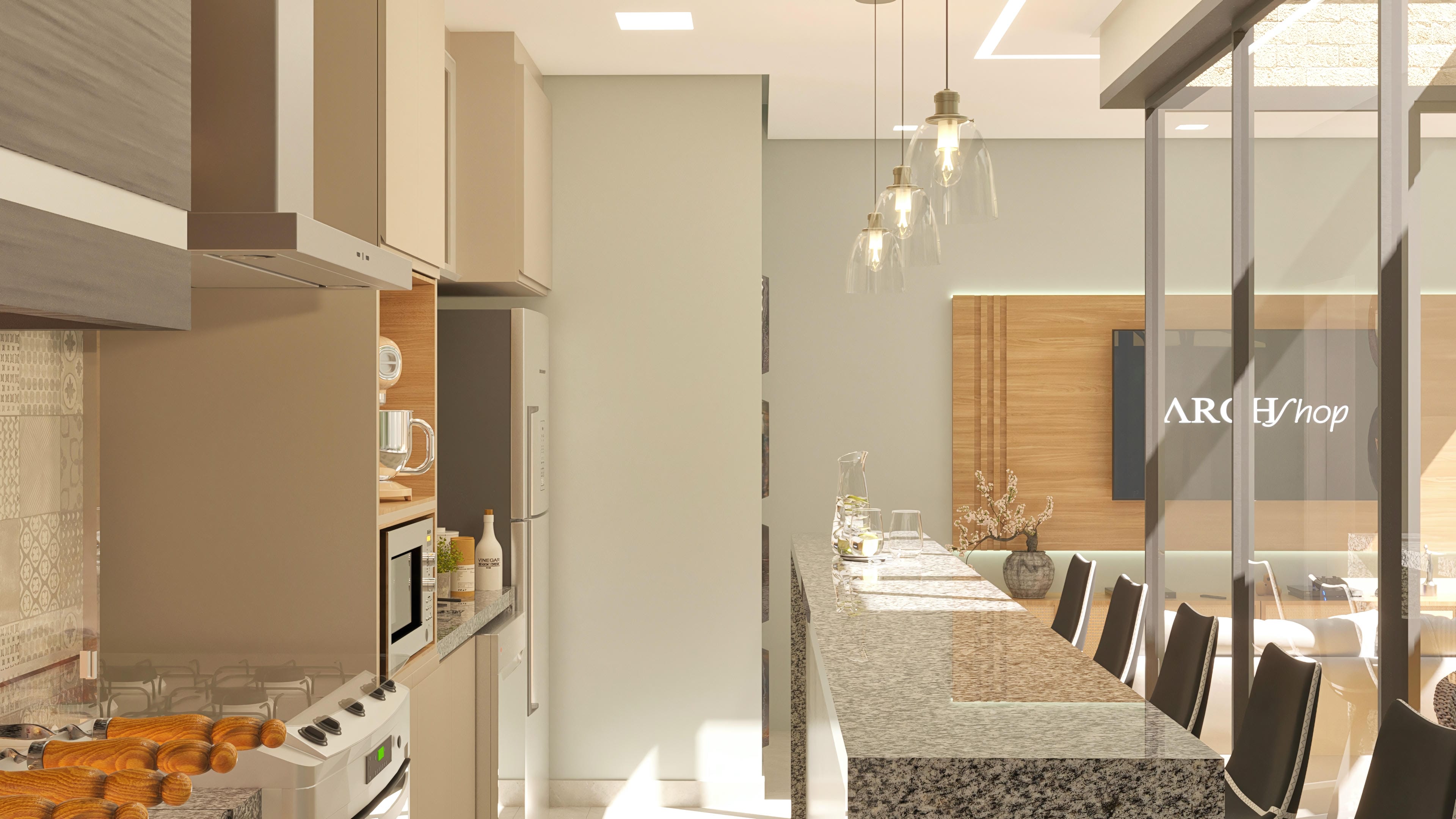 Vista interna de un espacio moderno con cocina integrada, encimera en granito, armarios a medida y acceso a área gourmet externa acristalada.
