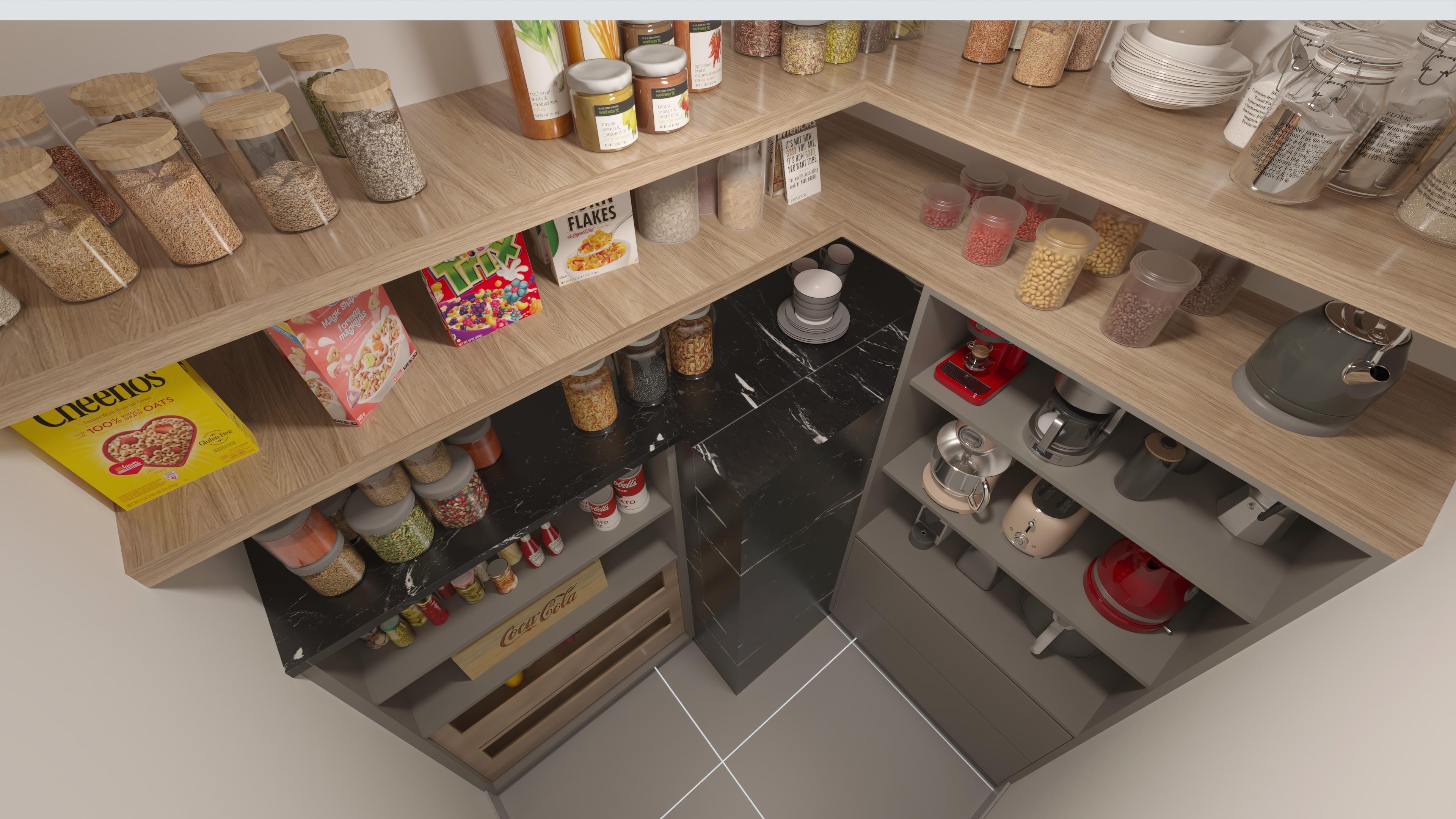 Detalhes de uma despensa com prateleiras de madeira clara, potes de vidro com grãos e cereais, caixas de alimentos e eletrodomésticos de cozinha modernos.