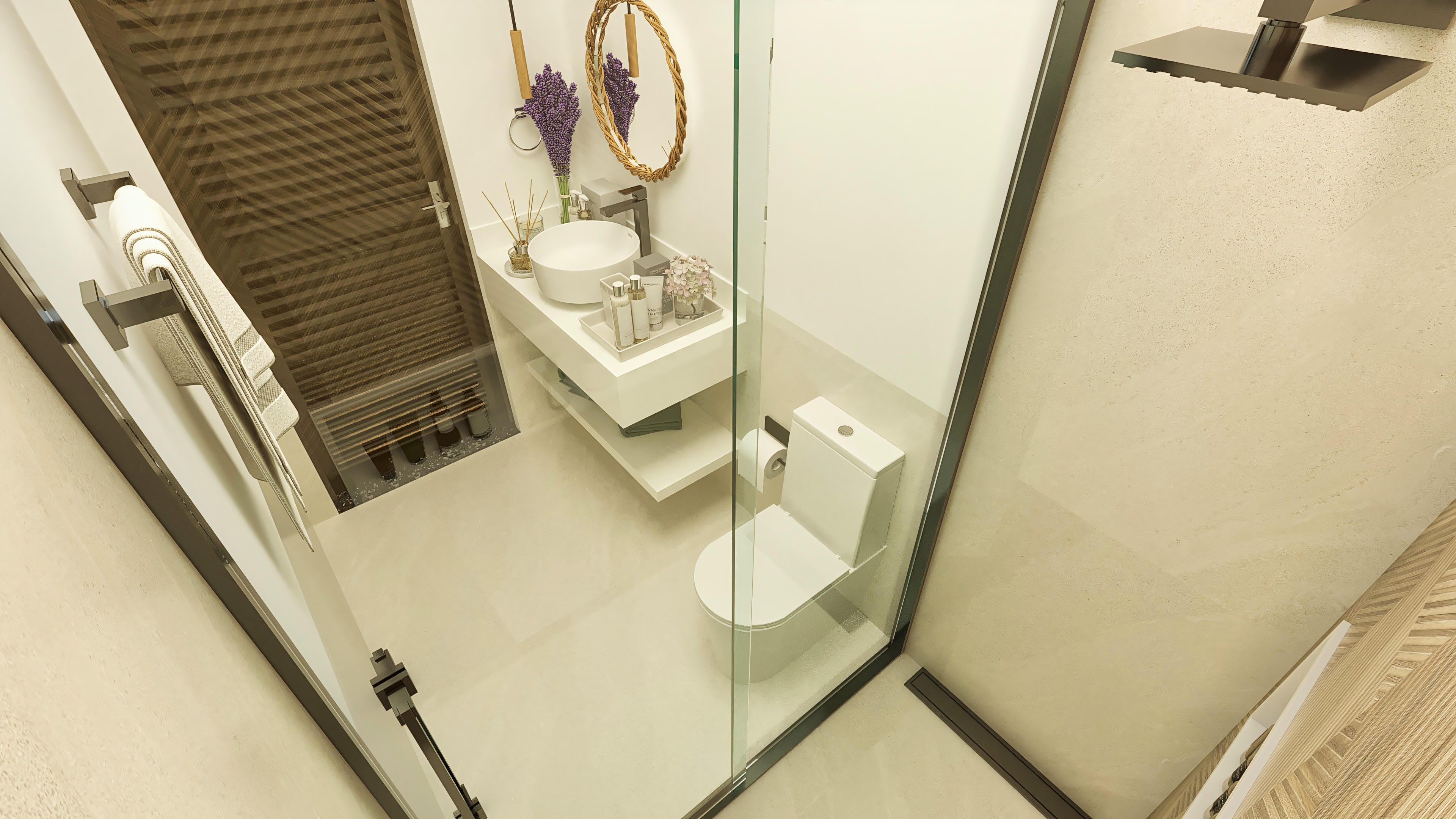 Detalhe de um banheiro moderno com revestimento em tom bege claro, espelho redondo com moldura em trama e porta de madeira ripada. Lavatório suspenso com torneira preta e objetos decorativos adicionam elegância.
