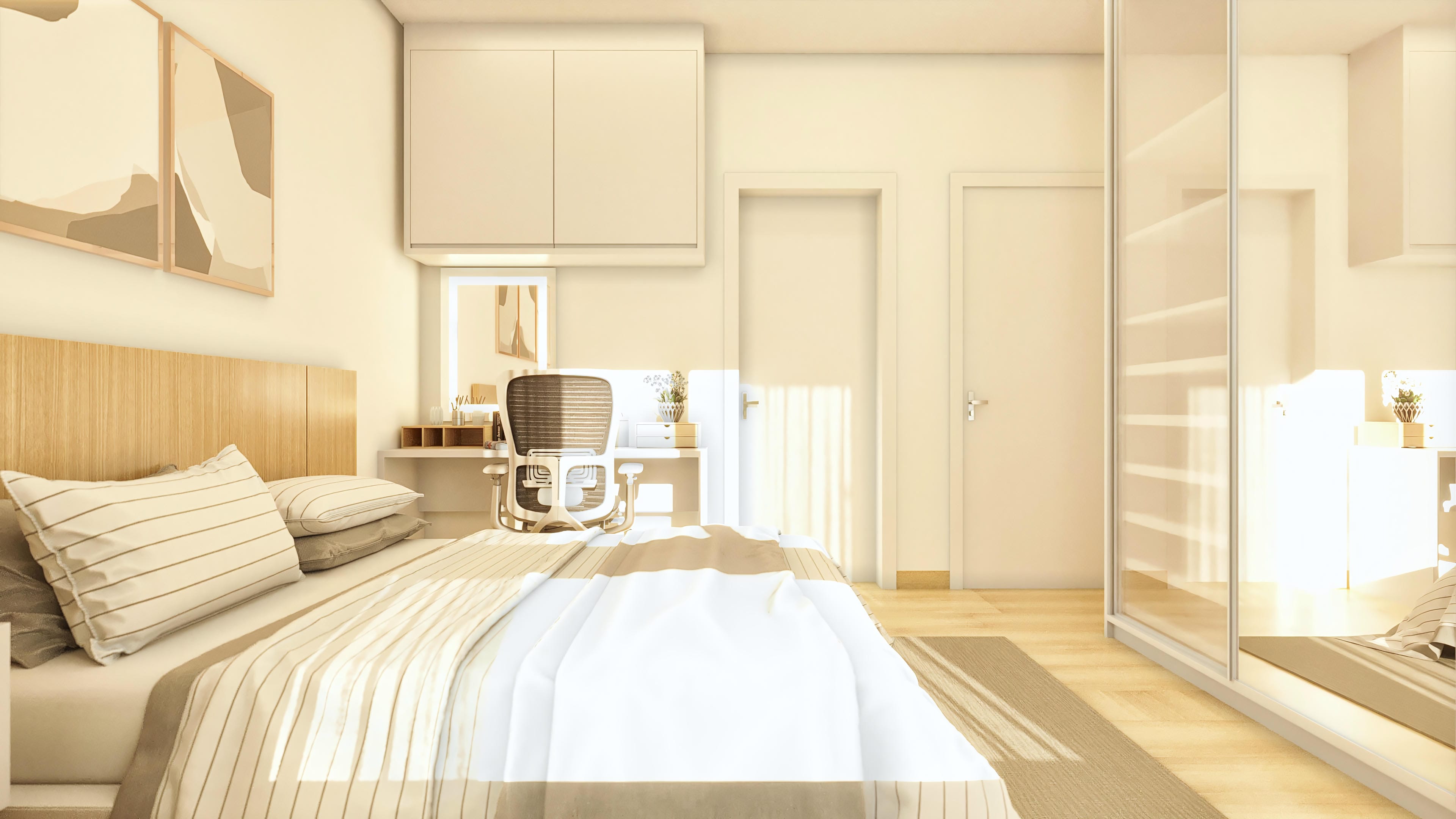 Details of a sophisticated bedroom with a double bed, light wood headboard, mirrored custom closet, and integrated office, in neutral tones.