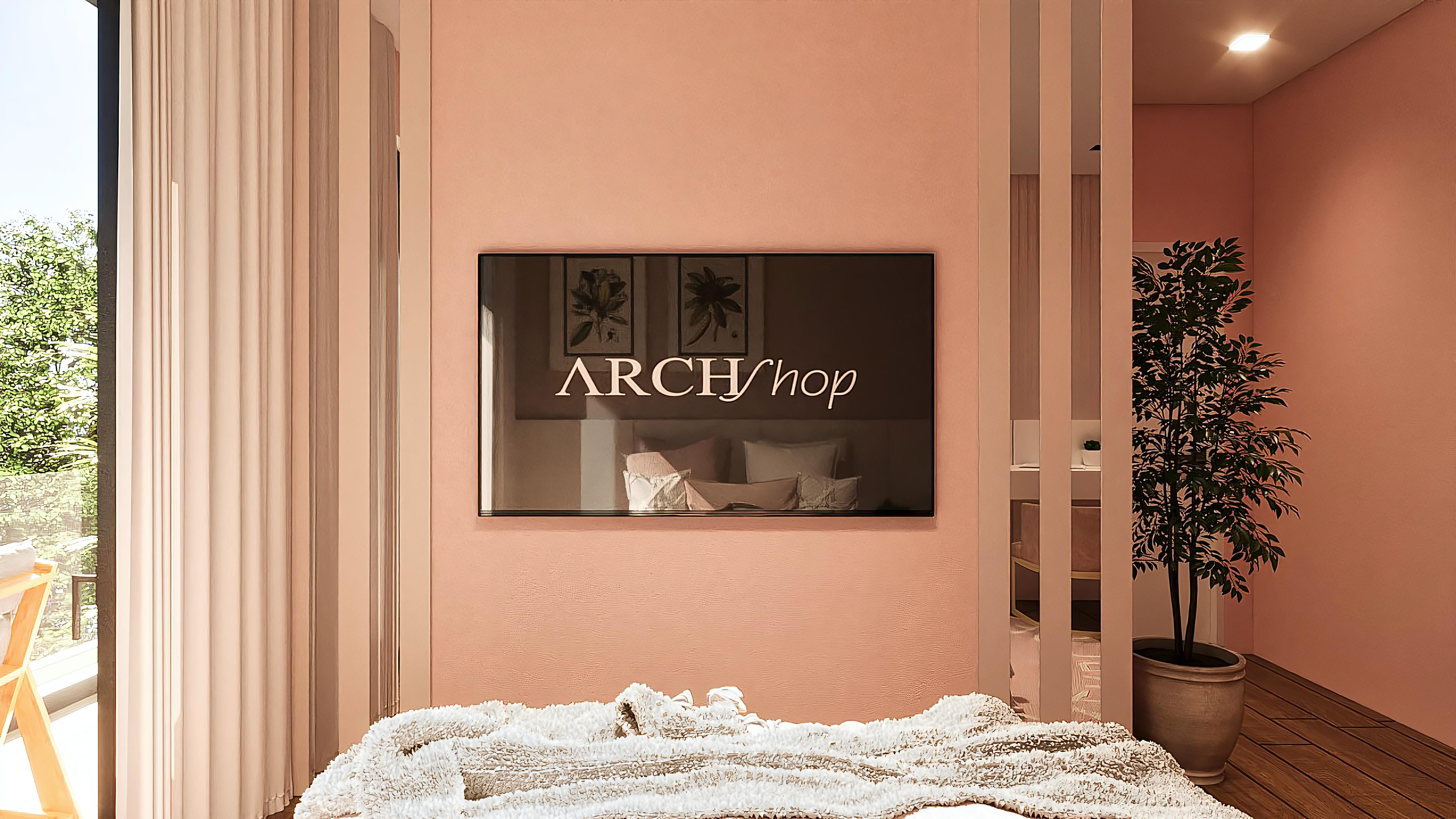 Modern living room with soft pink walls, dark wood floor, long curtains, and a potted plant. A flat-screen TV displays the ARCHshop logo.