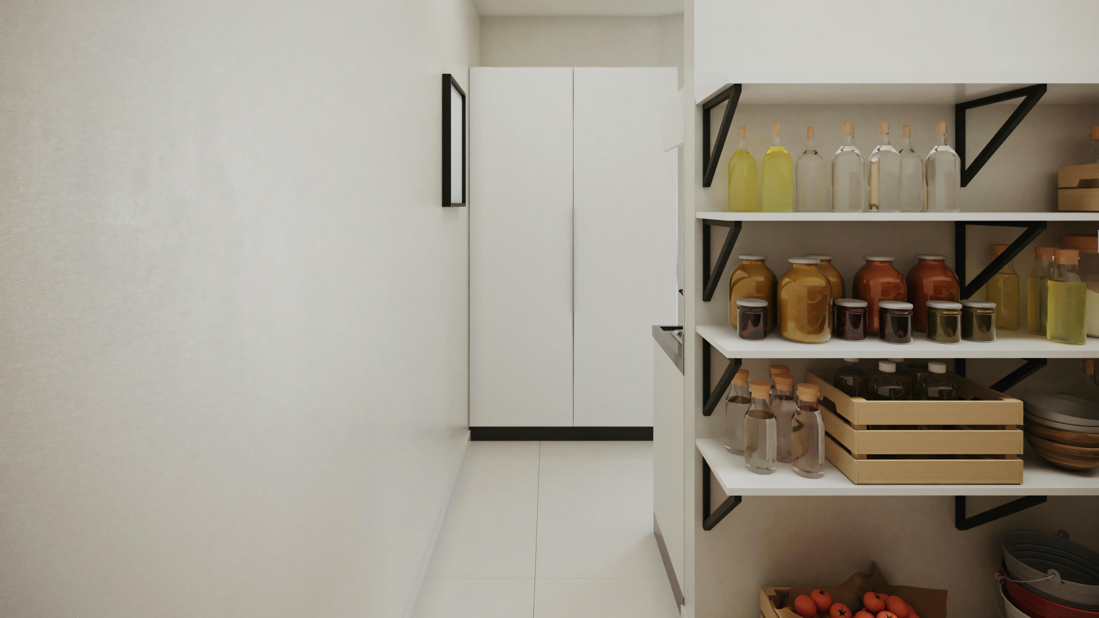 An open bookshelf with various kitchen items, including bowls and fruits.