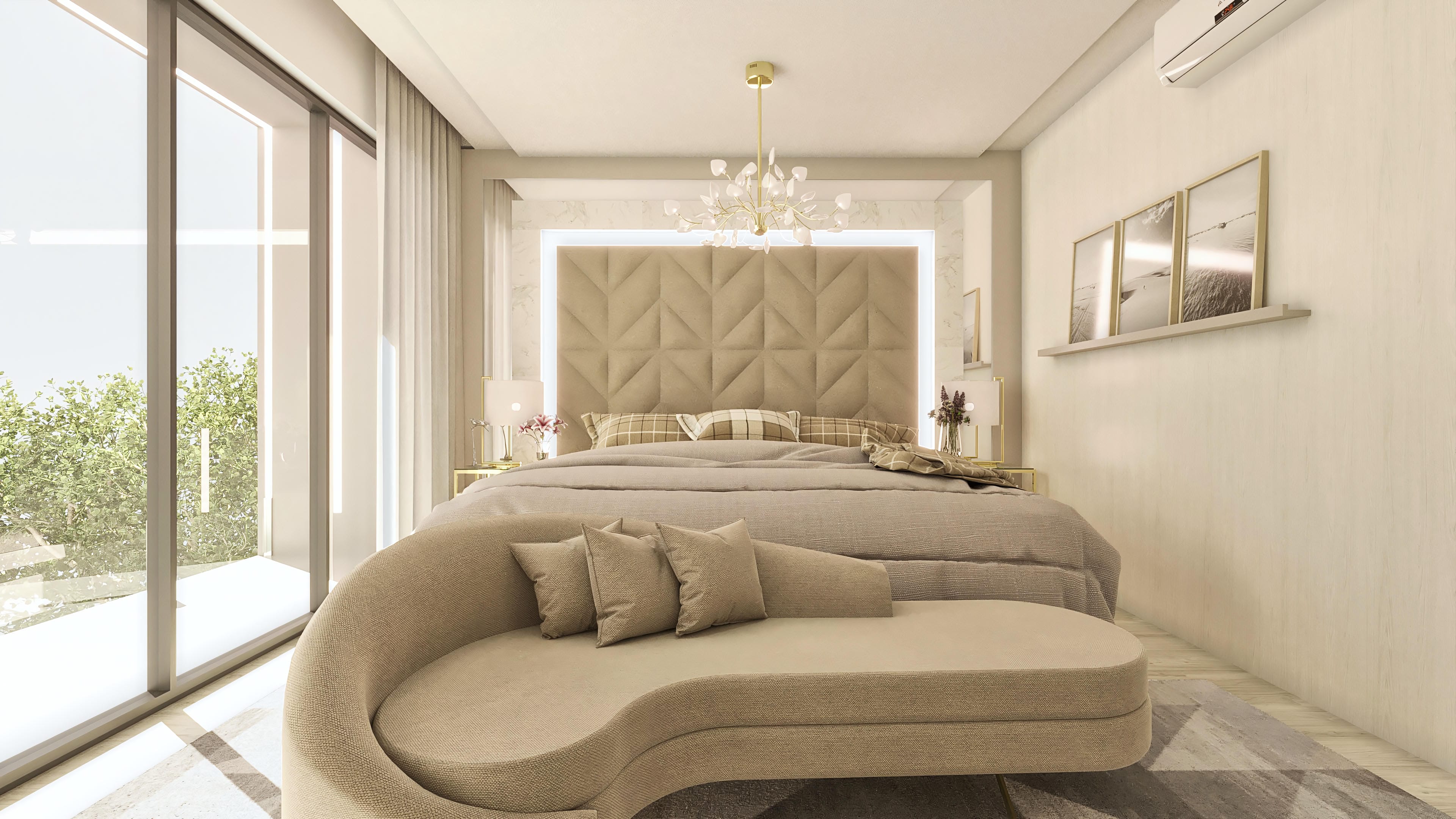 Bedroom interior with king-size bed, upholstered headboard with built-in lighting, curvilinear armchair, and large windows with views of the outdoor area.