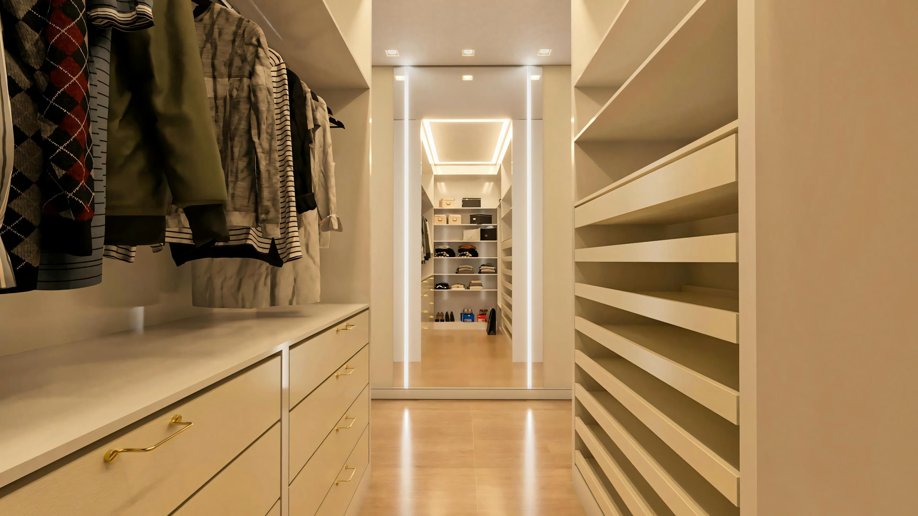 Master suite closet in a luxury house, viewed towards a full-length mirror with built-in side lighting, showing drawers, hanging space, and shelves.