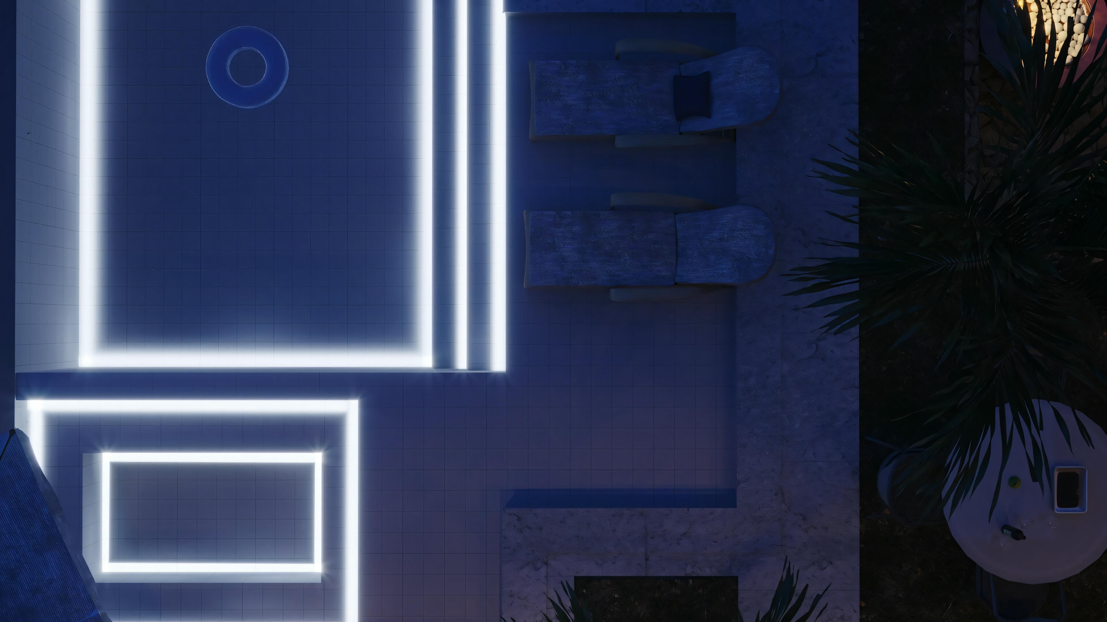 Architectural detail of a building at night, illuminated by blue neon lights that outline rectangular shapes on the facade.