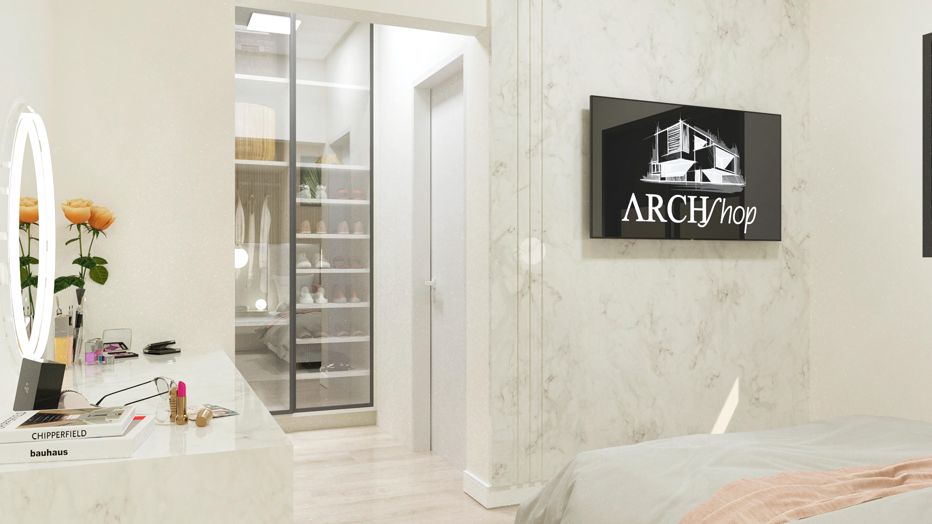 Internal details of a modern closet with glass doors, organized shelves, and recessed lighting. Walls with marbled texture and a light wood floor.