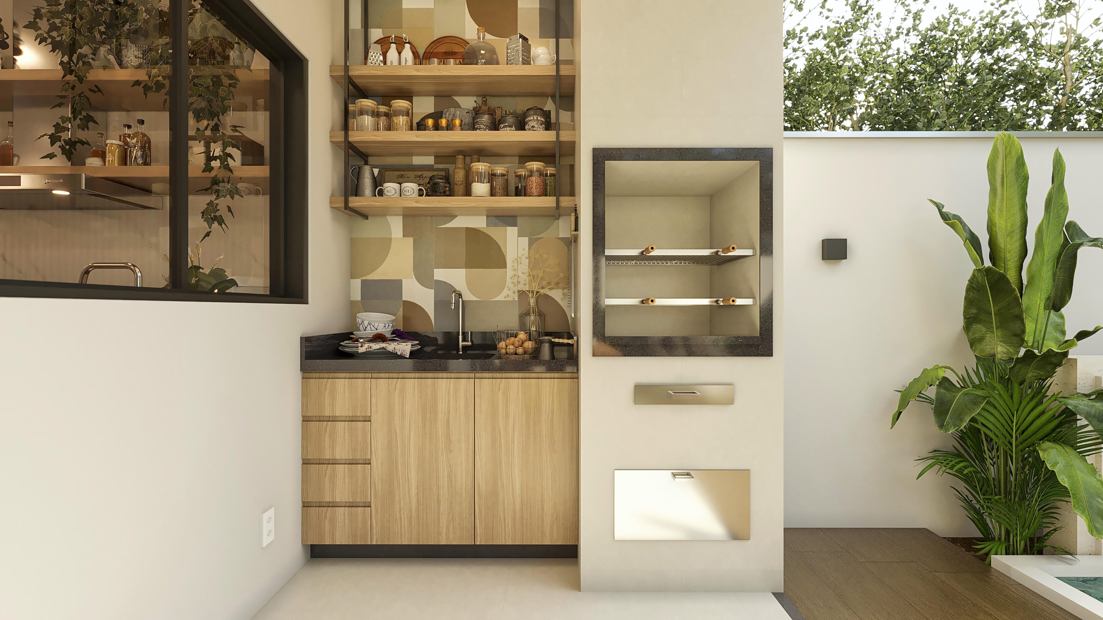 Detail of a modern gourmet area with built-in barbecue grill, light wood custom cabinets, and dark granite countertop. Decorative tiles and ornamental plants complement the environment.