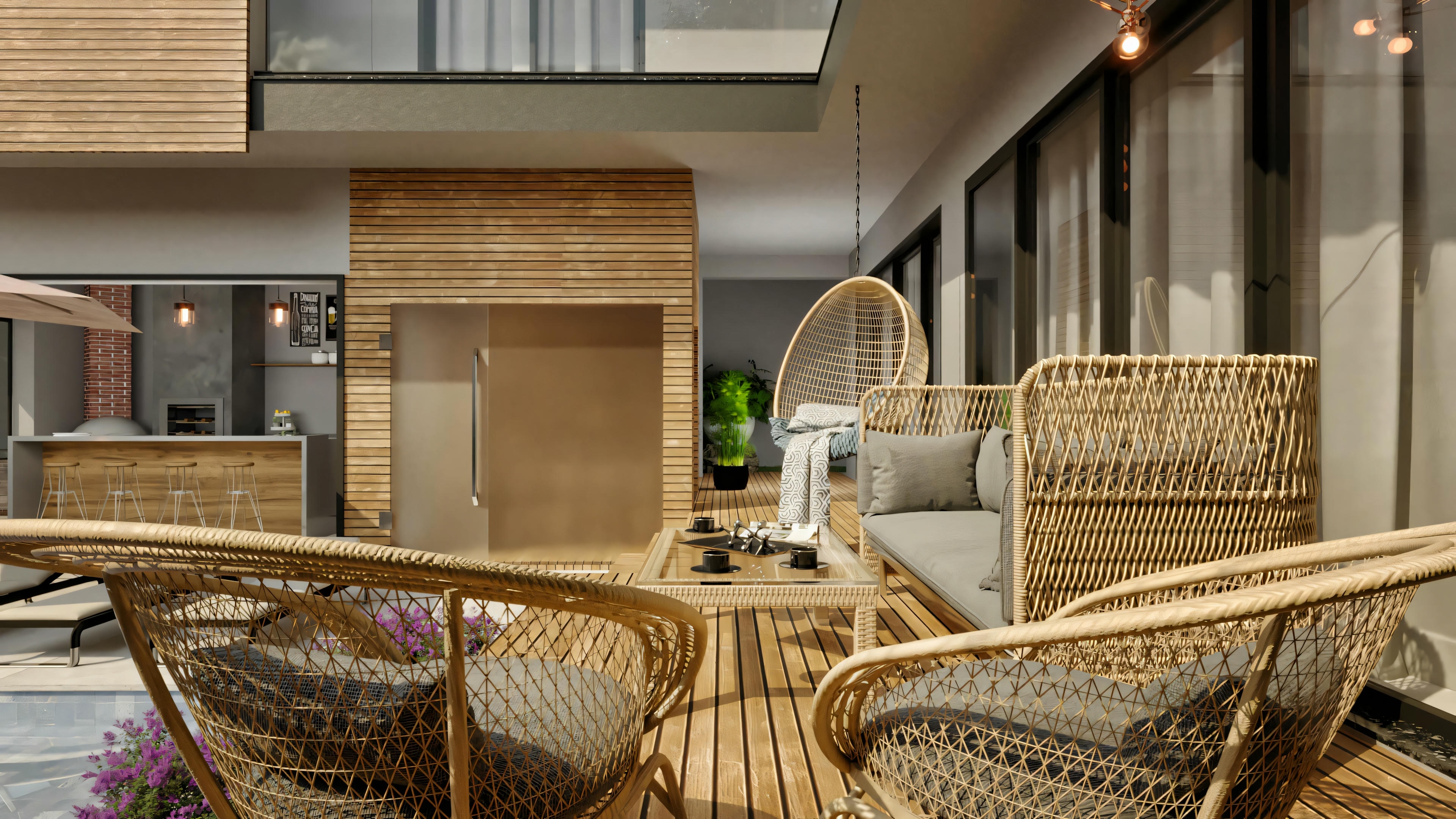 Detail of the wooden deck with wicker furniture, including sofa and armchairs, creating an outdoor living area in a modern 4-suite ground floor house.