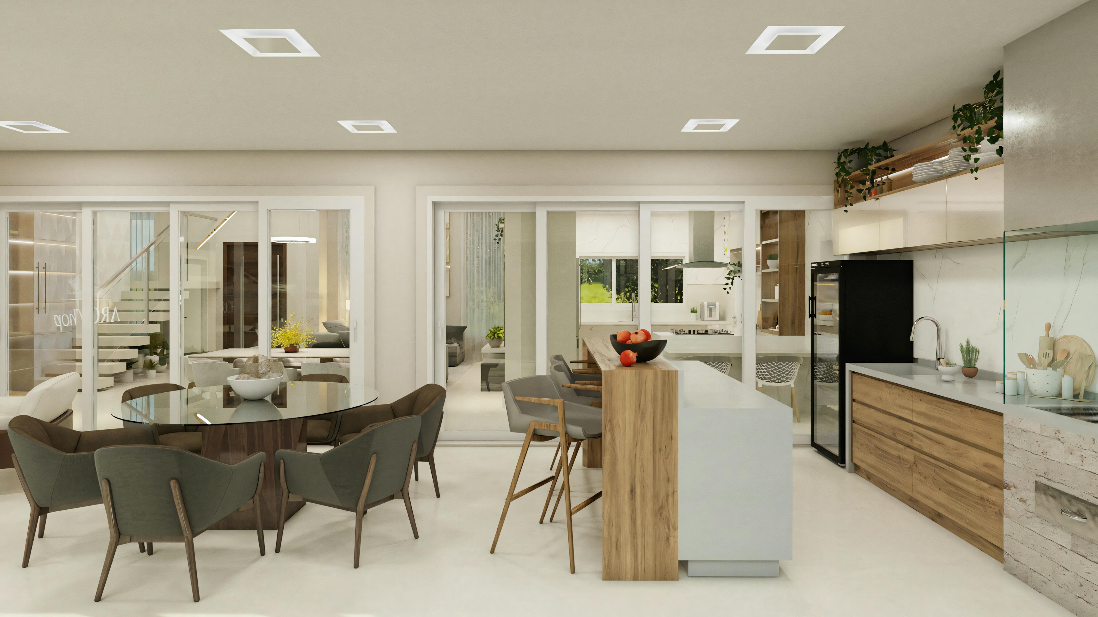 A modern kitchen and dining area with contemporary furniture, including a dining table for six and a kitchen island with stools.