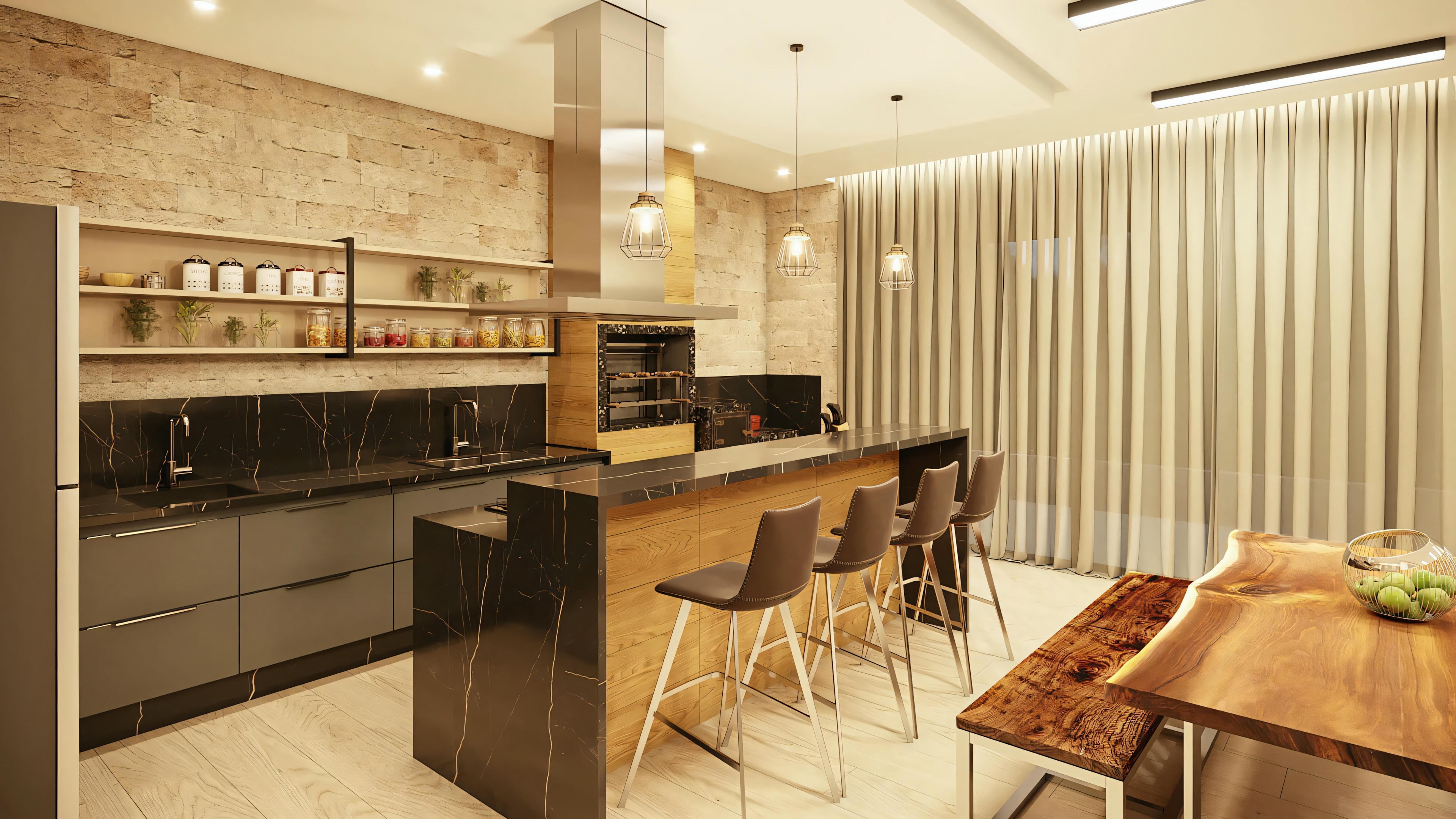 A modern kitchen com an island near the cooking area, comout bar stools.