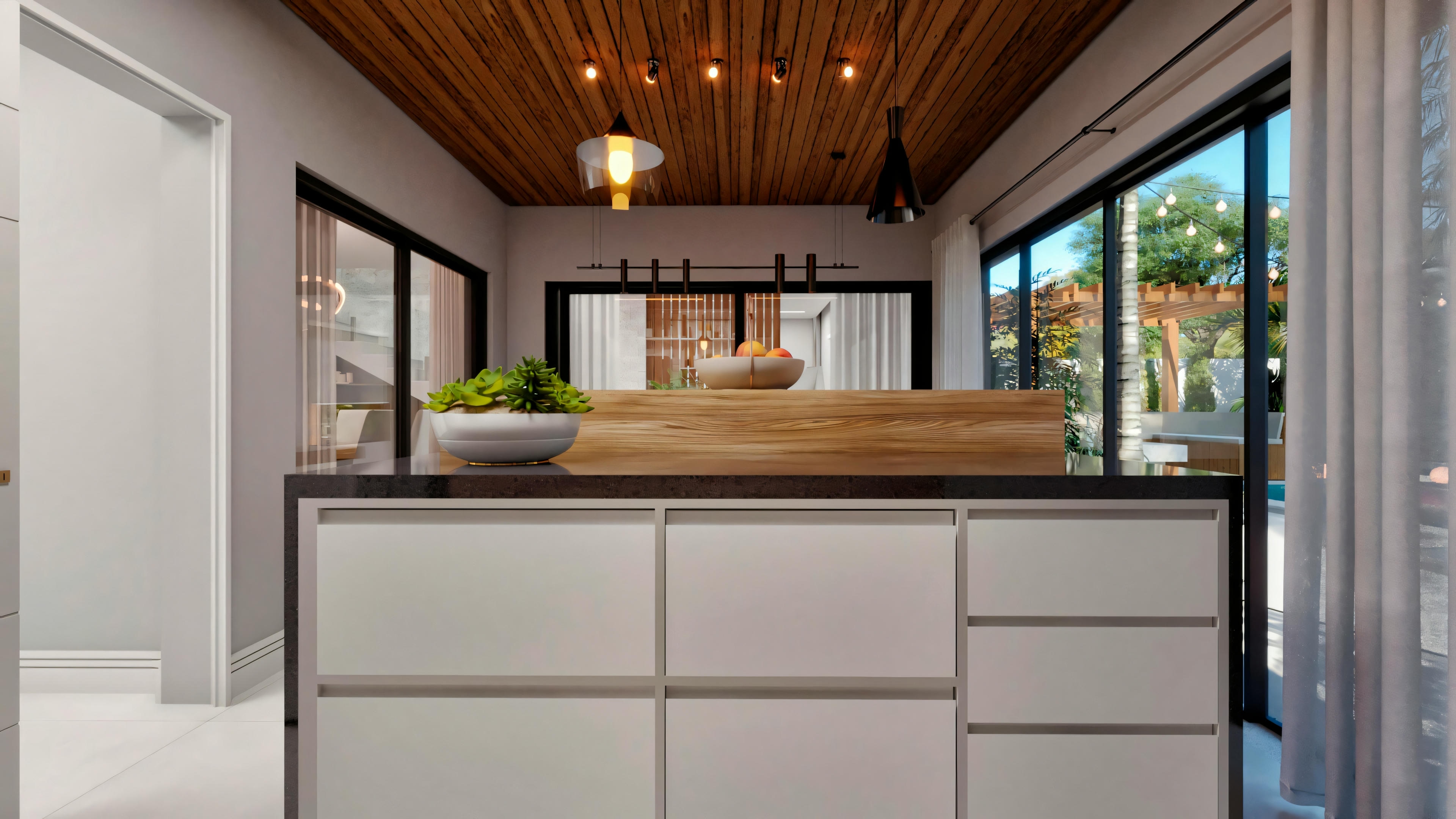 Modern kitchen with a white countertop, wooden beams on the ceiling, and pendant lights.