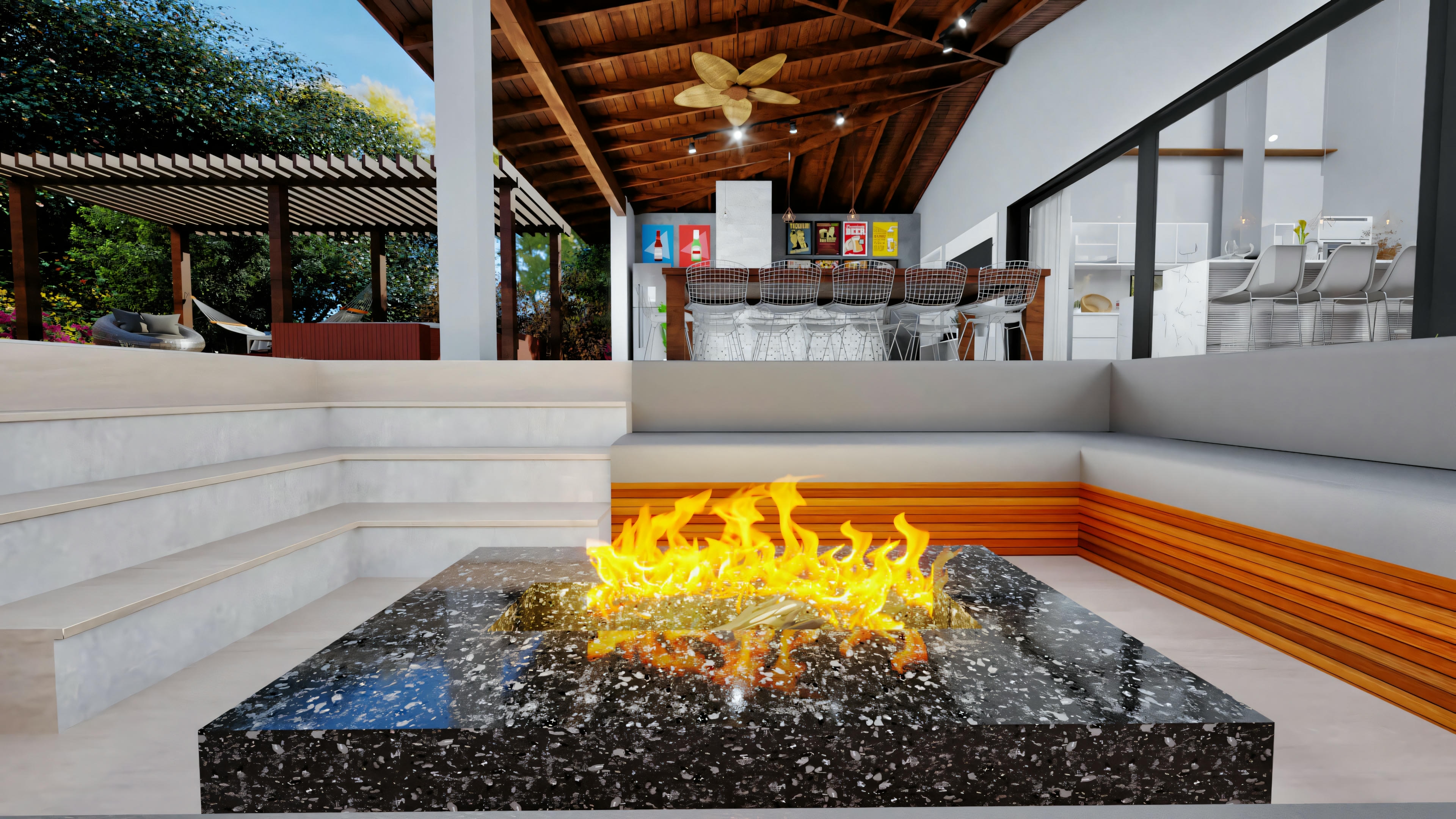 Outdoor patio area with a central fire pit surrounded by seating.