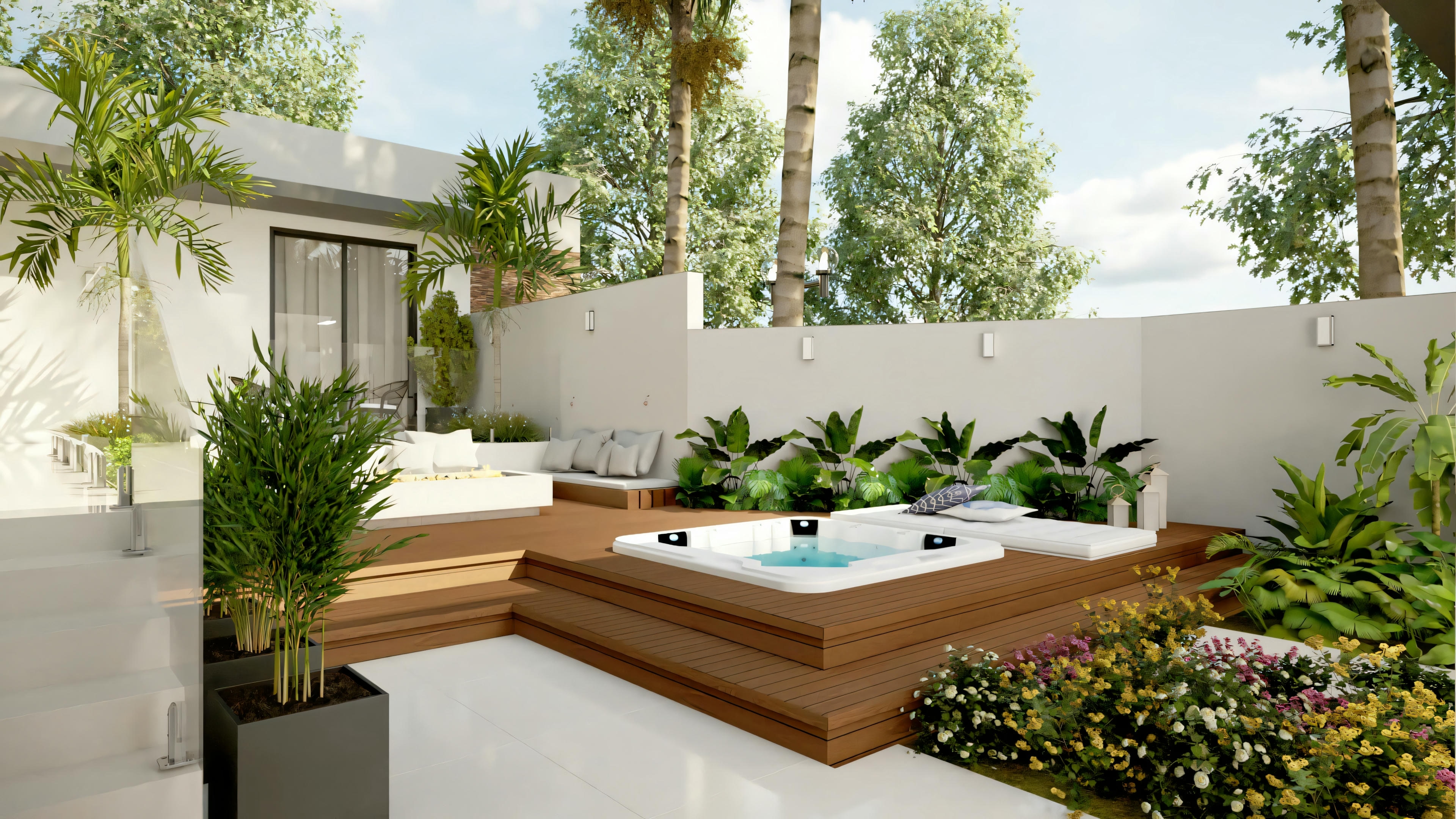 Patio al aire libre con jacuzzi, sillas y vegetación alrededor.