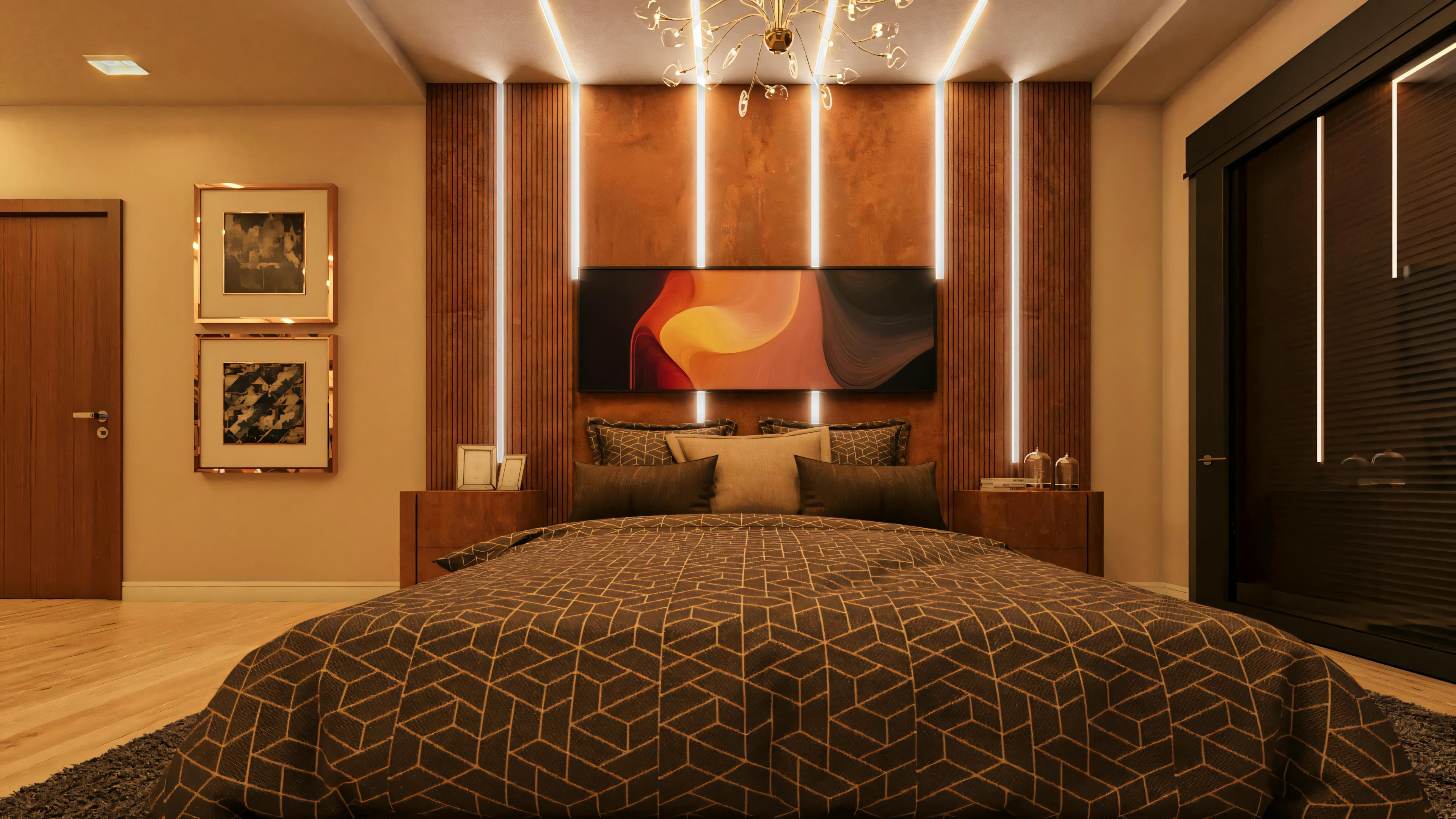 Quarto suíte master de projeto de casa moderna, com painel ripado em madeira na parede da cabeceira, iluminado por fitas de LED verticais. Inclui cama de casal, mesas de cabeceira, lustre contemporâneo, armário com portas escuras e obras de arte. Parte do projeto de 4 suítes, 555.9m², com escritório e piscina.