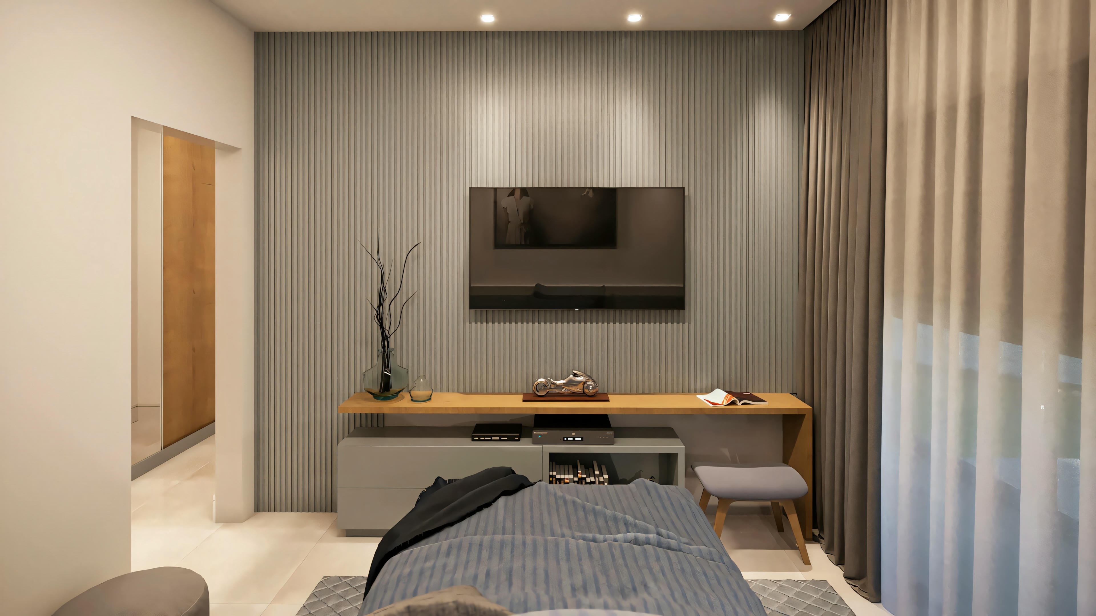 Quarto moderno com cama, mesas laterais e luminárias.