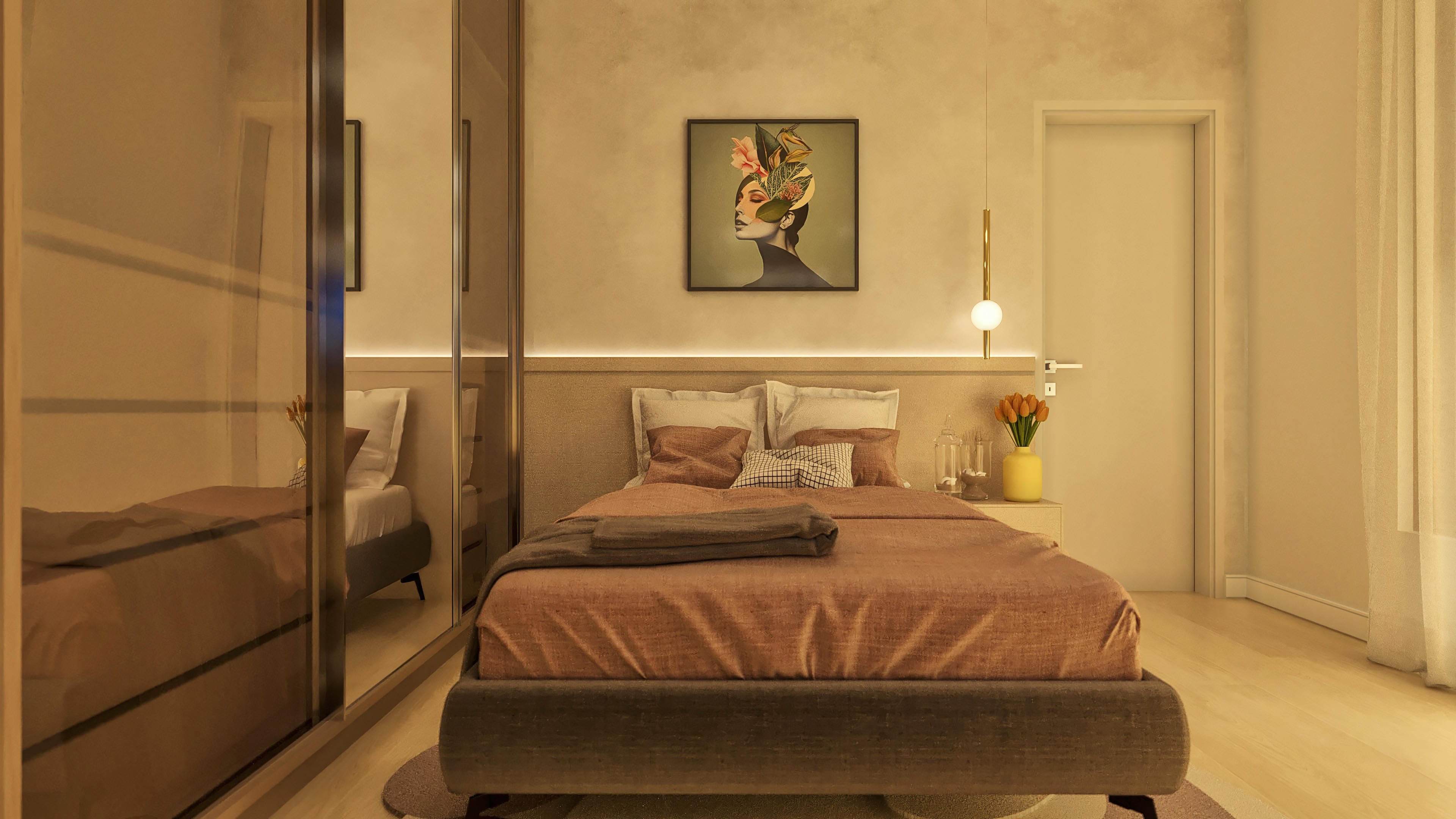 Habitación de suite con cama queen, cabecera tapizada en tono tierra, clóset con puertas de espejo e iluminación empotrada, y un cuadro de arte moderno en la pared.