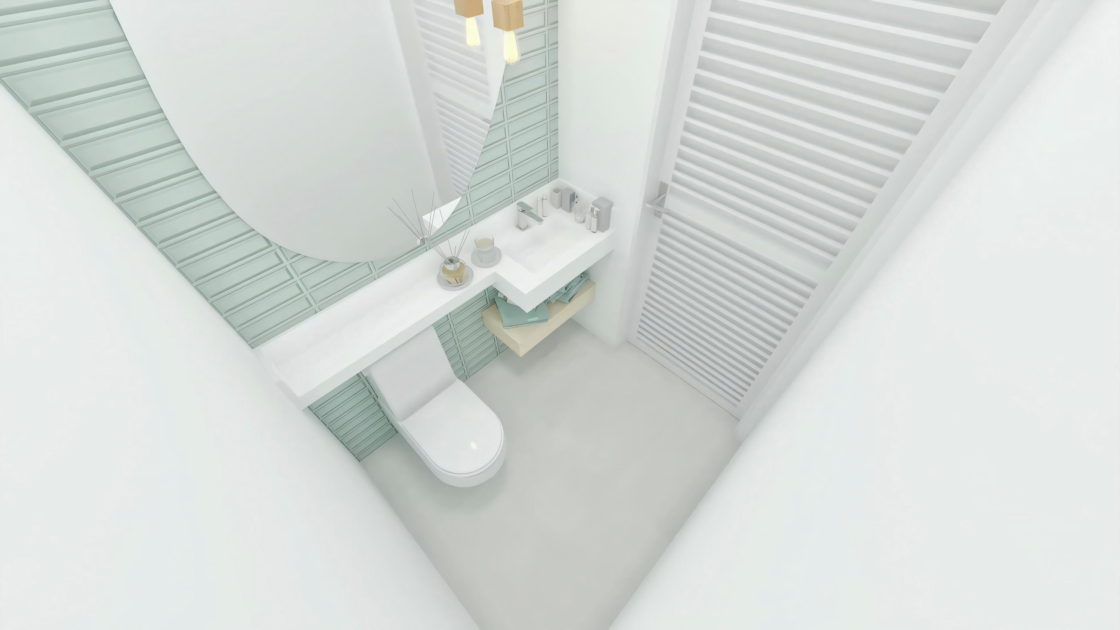Vista superior del aseo moderno en el proyecto residencial Archshop. Incluye inodoro, pequeño lavabo (lavamanos) blanco, espejo ovalado y revestimiento de azulejos verdes claros en la pared de destaque. Uno de los 5 aseos de esta planta de casa.