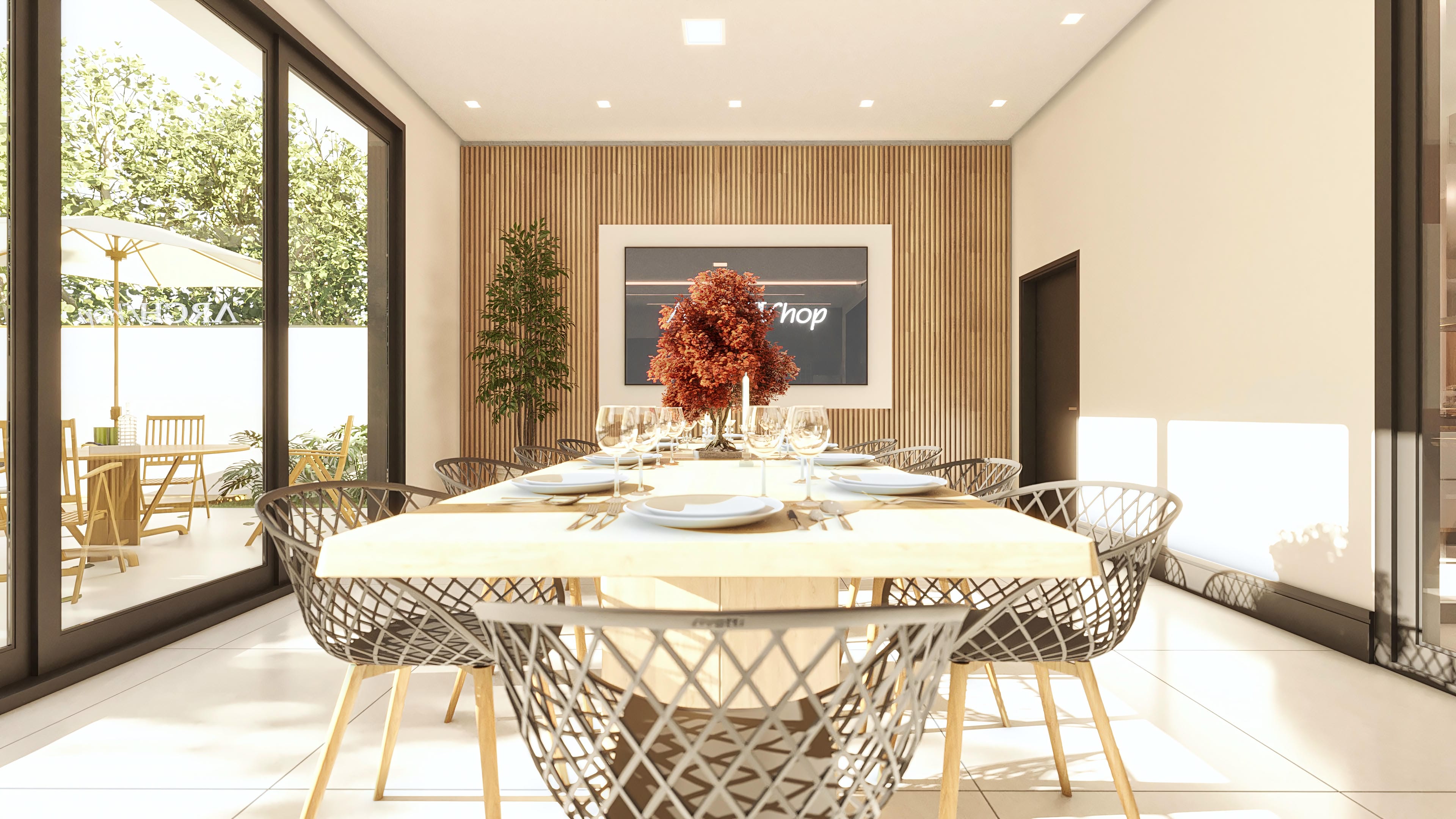 Espacio interno de una residencia con mesa de comedor elegante, sillas de diseño moderno y pared texturizada en madera de listones, con gran ventanal acristalado conectando al exterior.