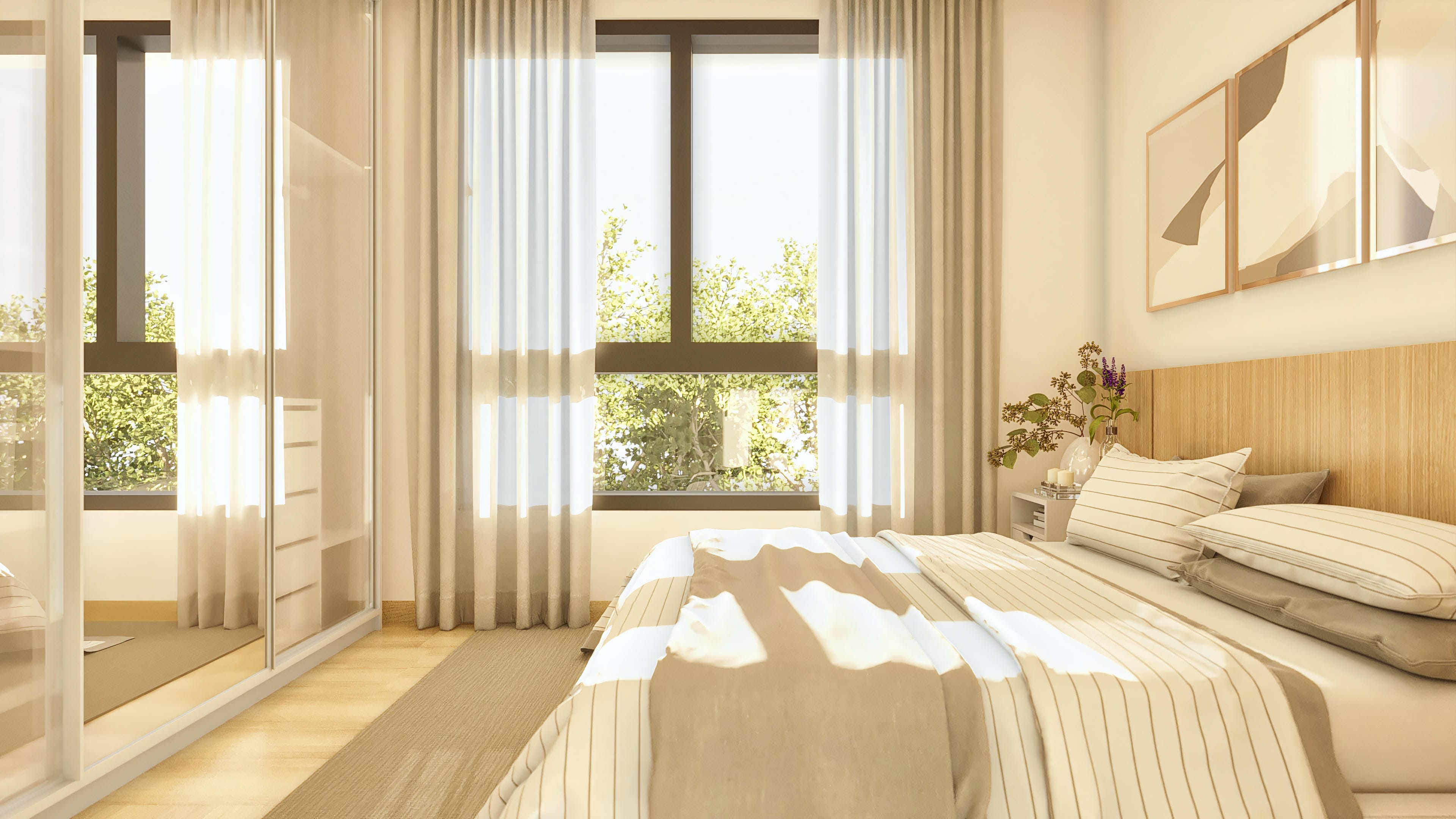Bedroom interior with large windows, linen curtains, and a glass closet, bed with striped bedding and wooden headboard.