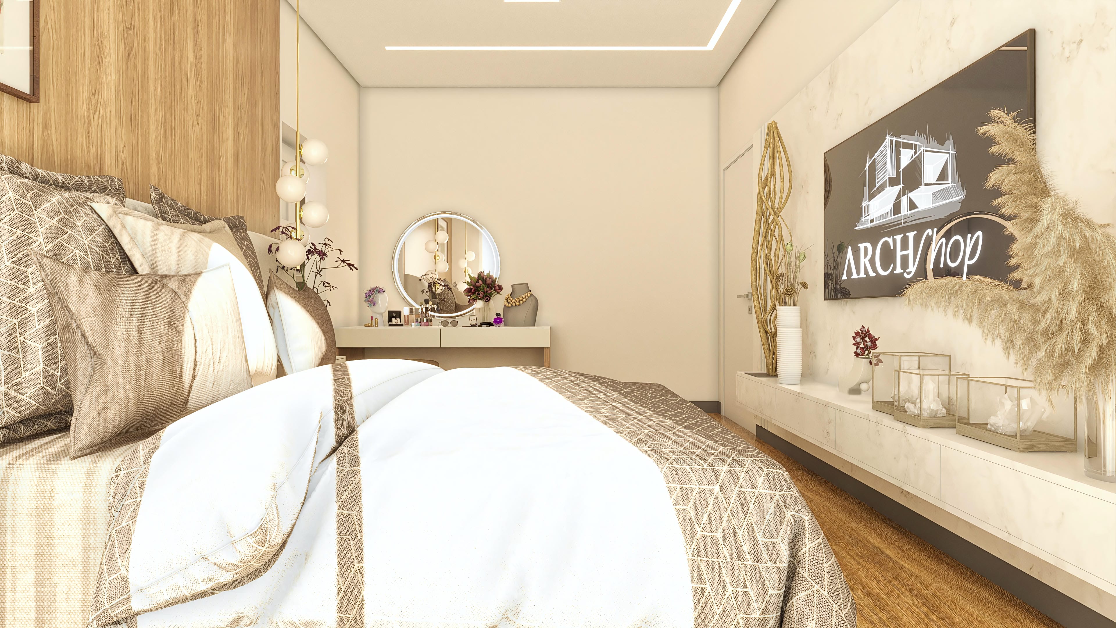 Interior de habitación con cama queen-size, panel enlistonado de madera, espejo con iluminación y televisión sobre mueble a medida.