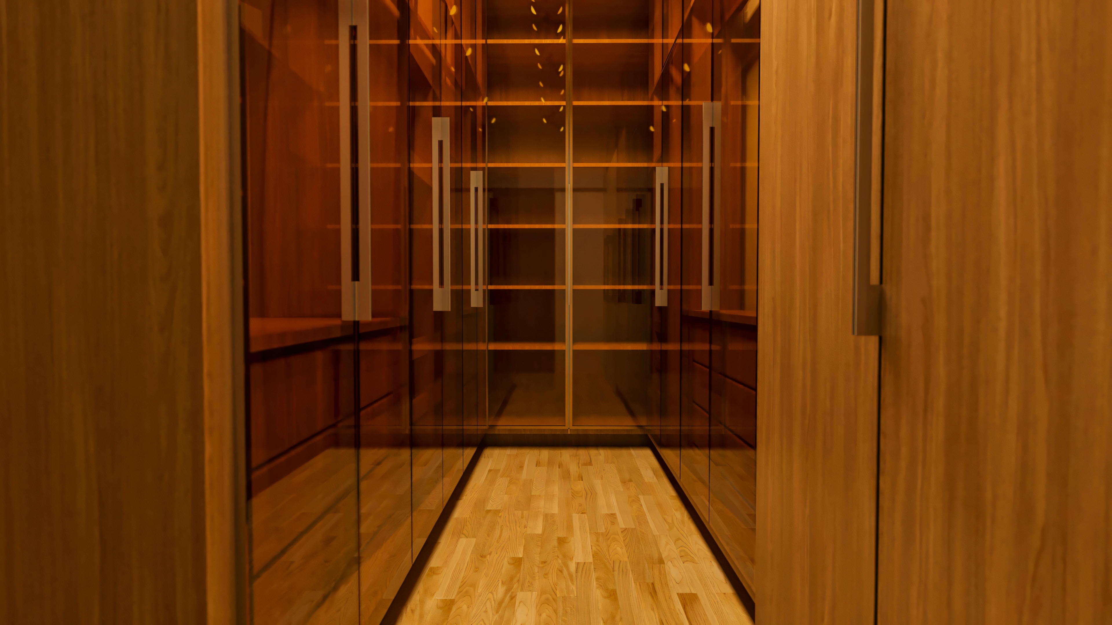 Imagem do closet espaçoso da suíte master em um projeto de casa de 394.84m², construída em terreno de 20x25. Este modelo de casa com 4 suítes e piscina destaca armários com portas de vidro/reflexivas, iluminação interna e piso de madeira no closet.