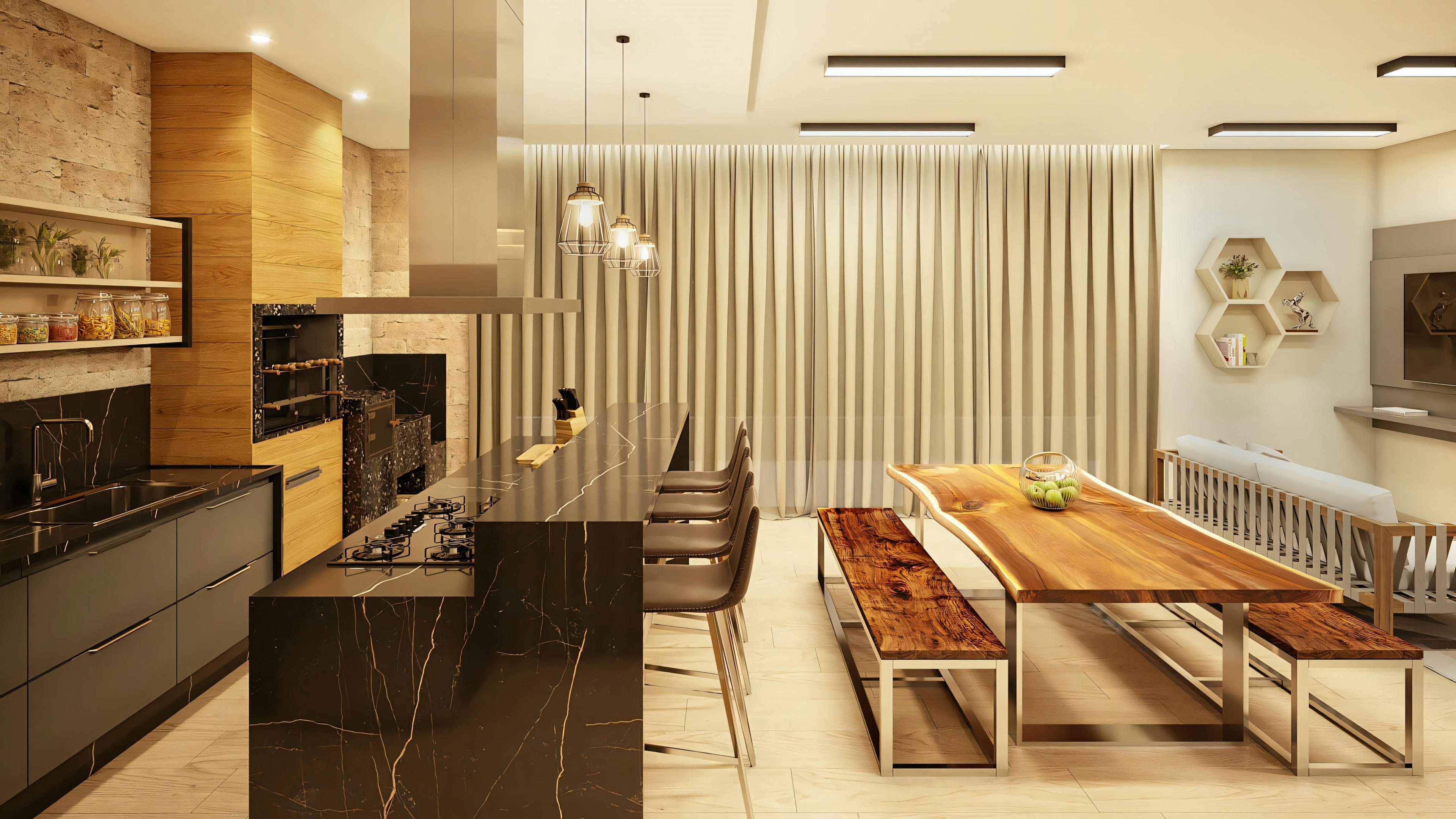Una cocina moderna com iluminación cálida, isla central com taburetes y detalles en madera.