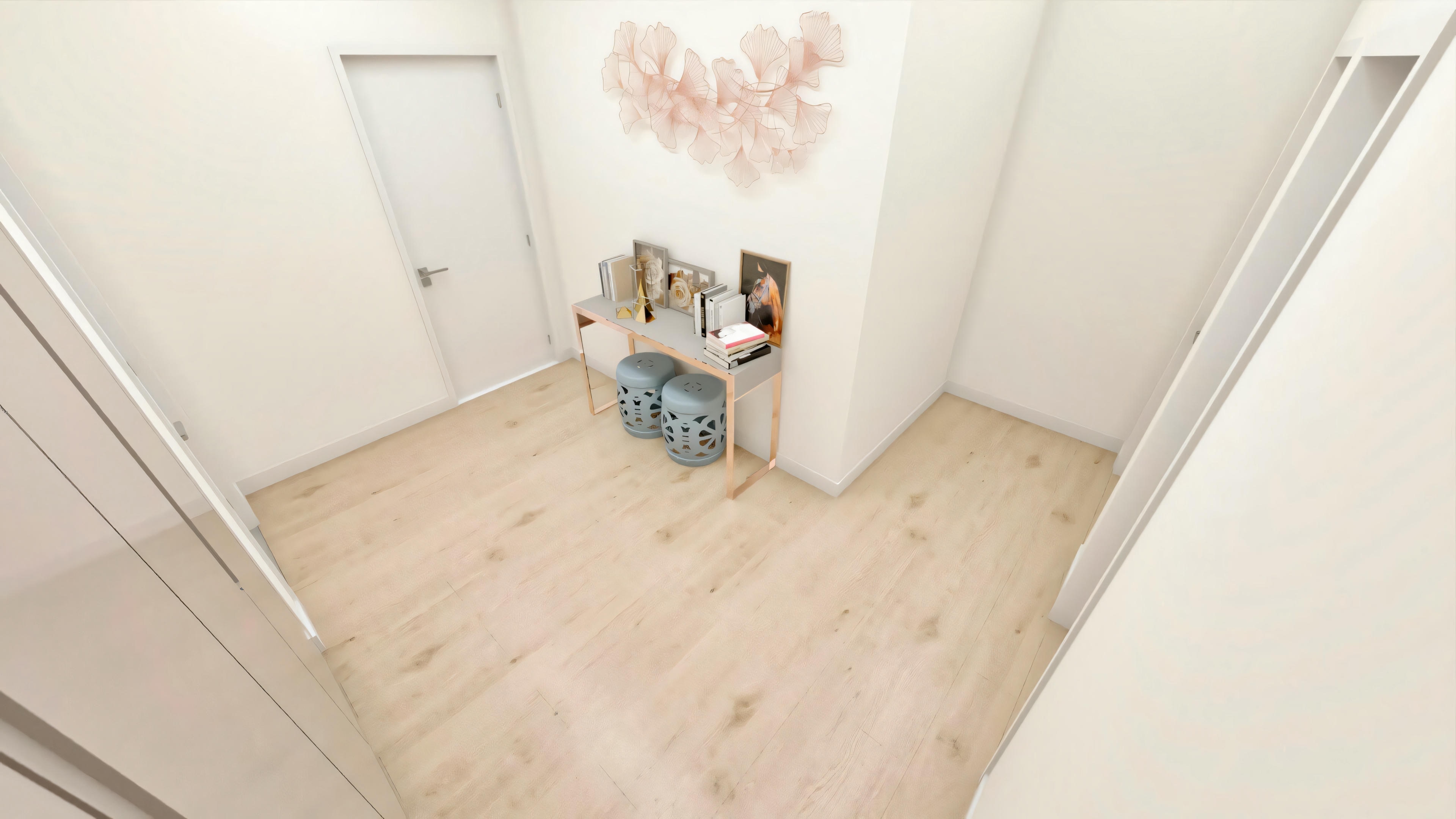 Top view of the entrance hall or hallway in a ready-made project with 5 suites, showing light wood or laminate flooring, a decorated metal console table, and an artistic panel on the wall.