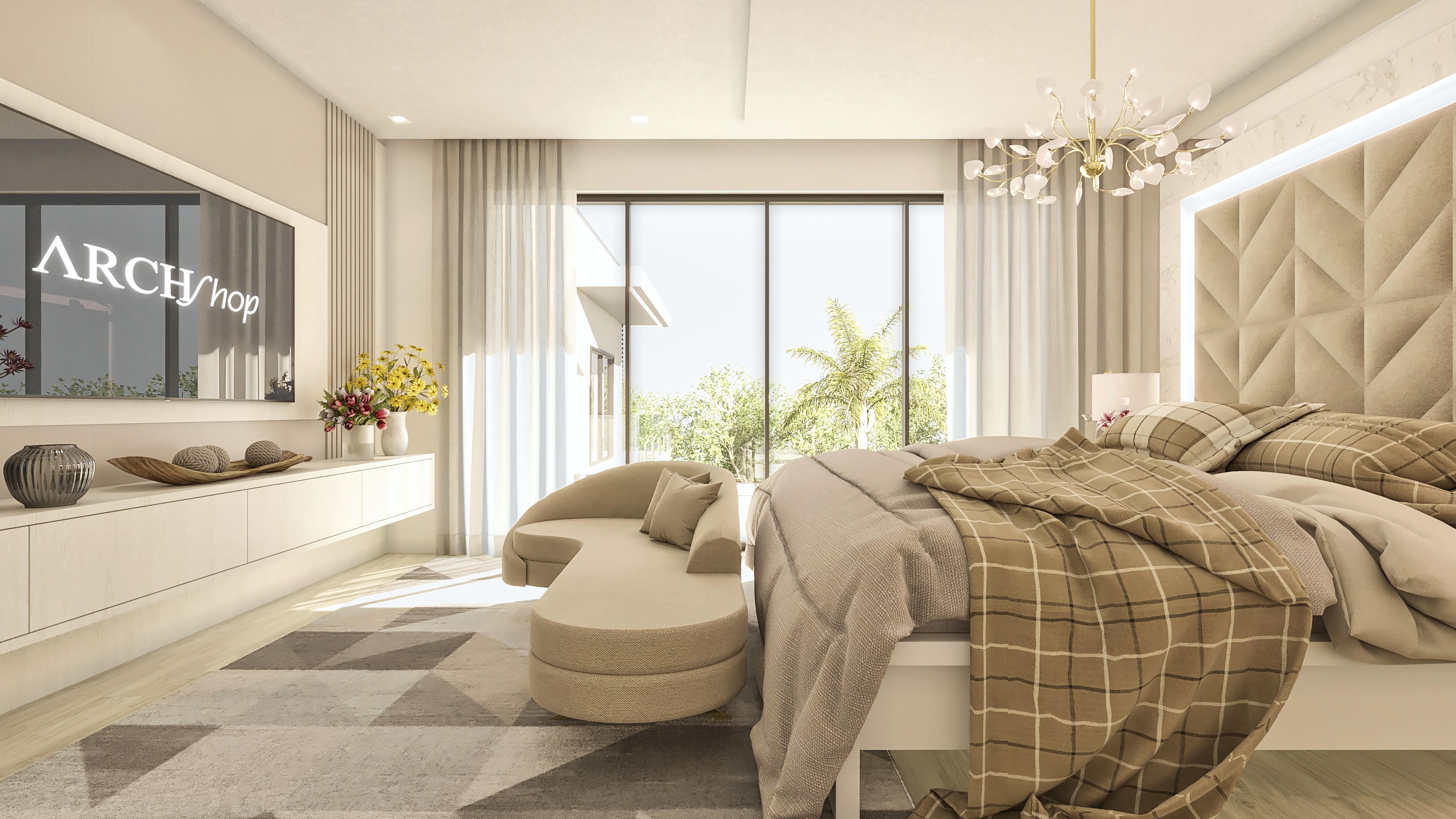 Vista interna de una habitación de casa de dos plantas moderna con cama king-size, panel de TV, sofá curvo y grandes ventanas con vista a un área exterior ajardinada.