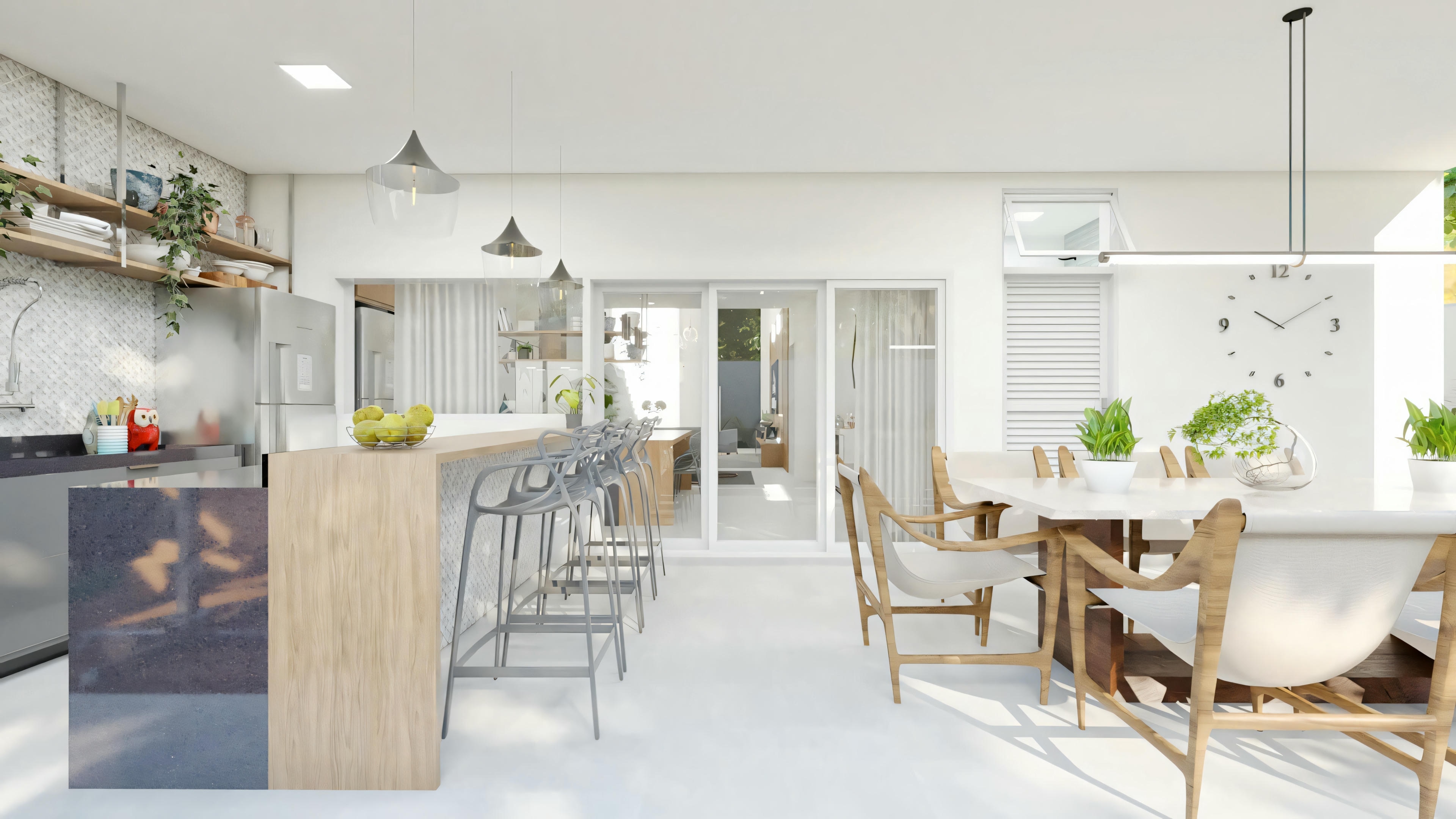 Integrated space with equipped kitchen, American counter with bar stools and dining room in Archshop residential project. Modern environment with wood-style countertop, designer chairs and access to gourmet area. Part of this 3-bedroom house plan with pool.