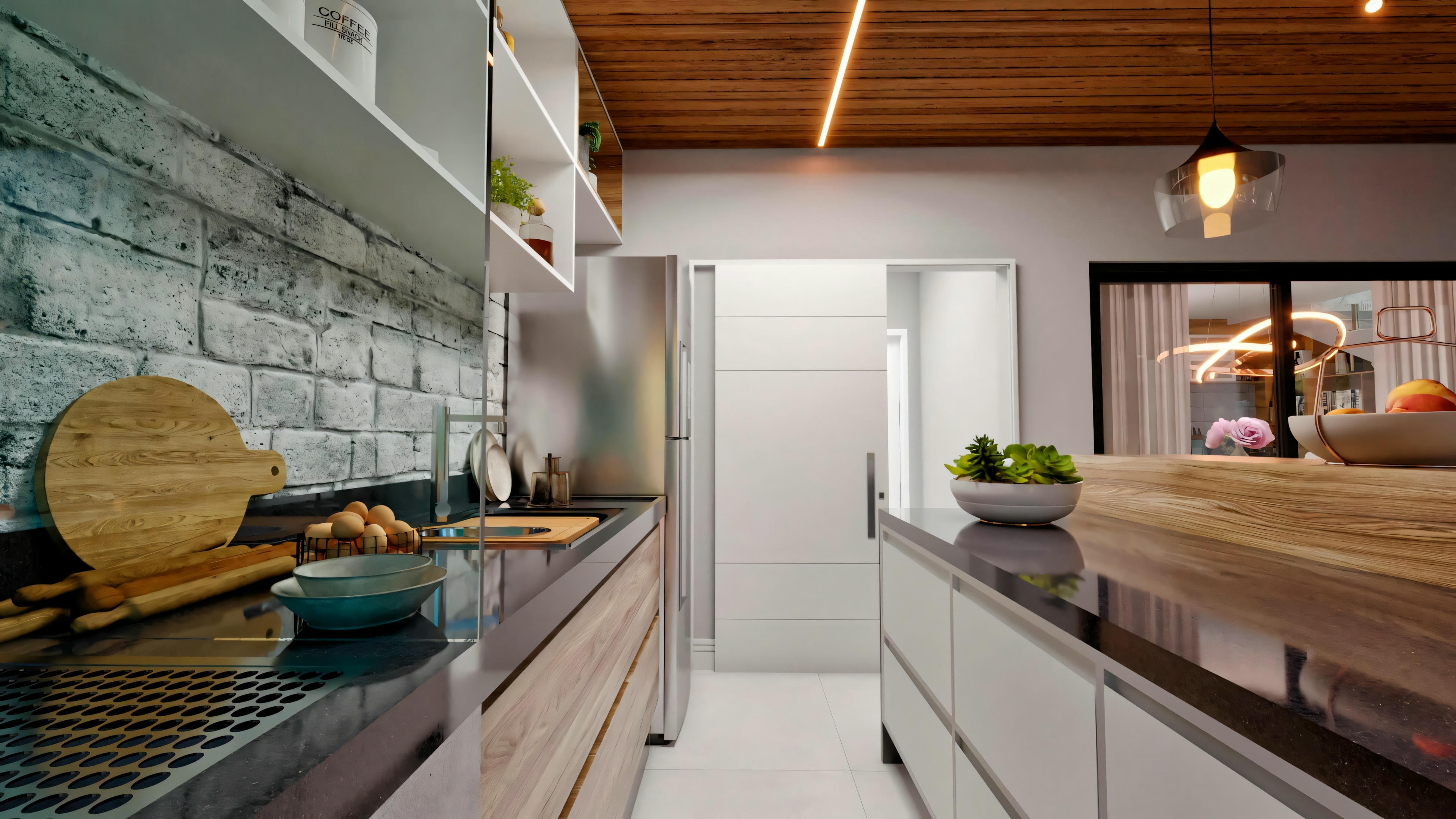 Kitchen with sleek cabinets, built-in appliances, and a center island.