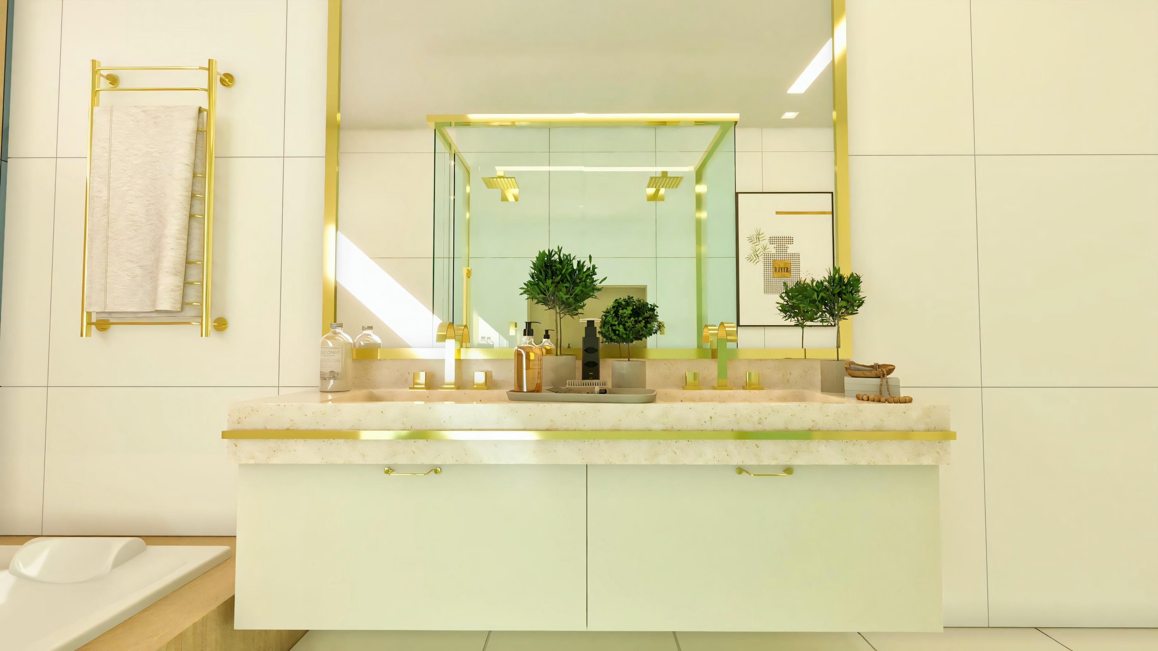 Luxurious master suite bathroom with a light countertop, double vessel sinks, suspended cabinet, large mirror with gold frame, gold fixtures and towel warmer, and light marble-effect porcelain tile cladding.