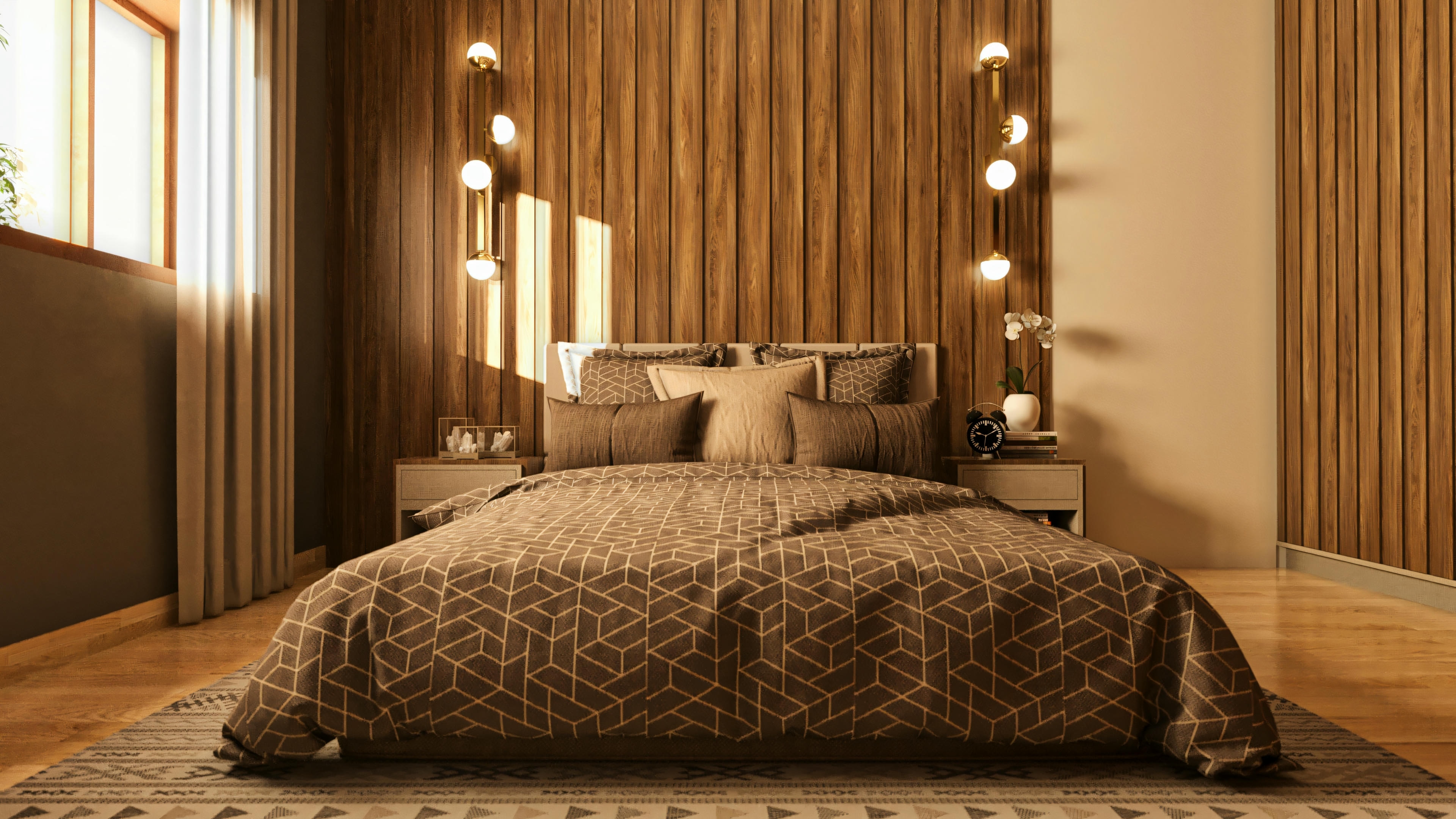Angle of the master suite in a modern house project, displaying a wooden TV panel, a countertop with ottomans, and visual access to the organized closet. Details include recessed lighting, chandelier, and part of the bed and slatted headboard panel. Imposing house project with 4 suites, gourmet area, and pool.