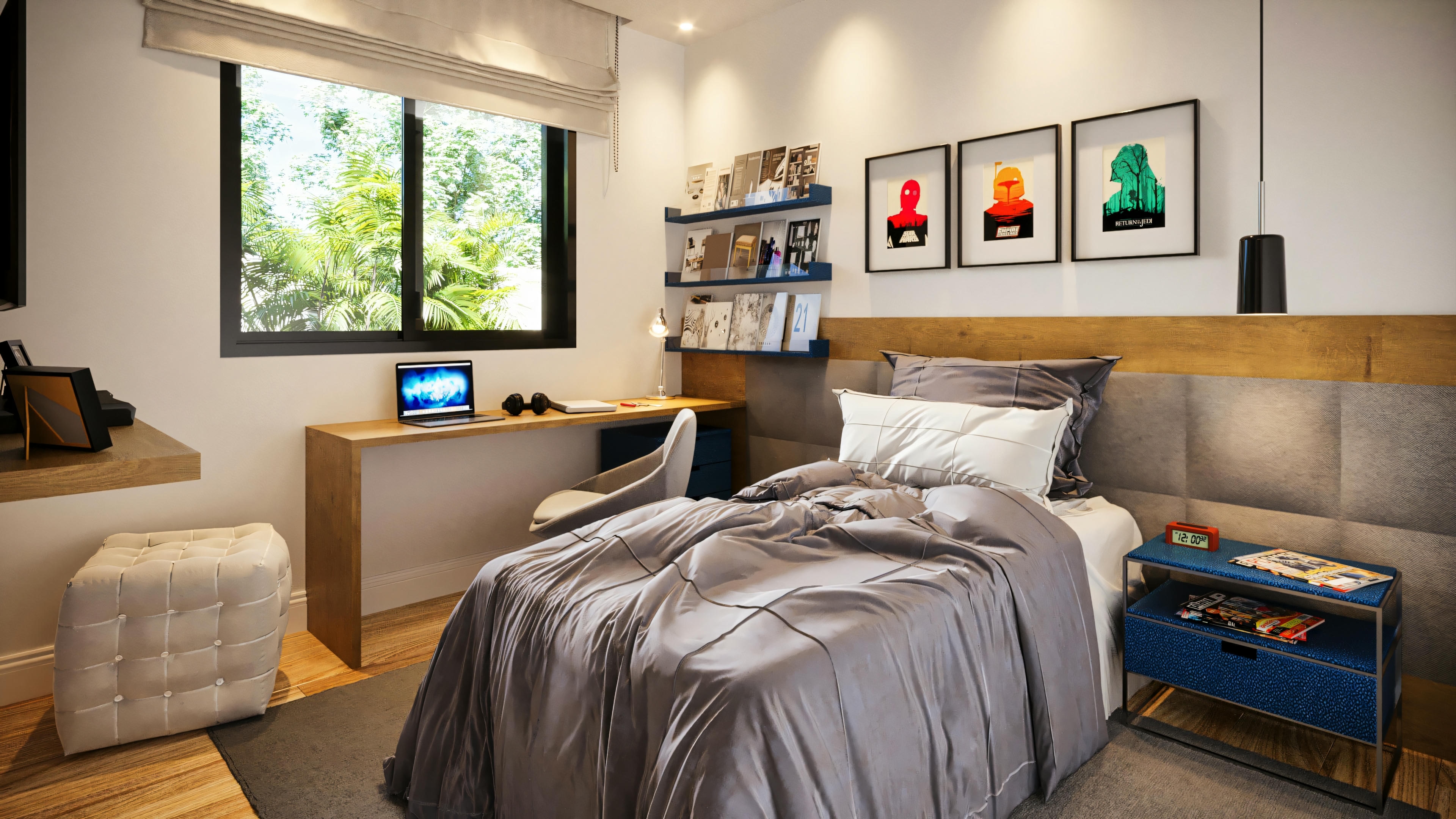 Decorated suite bedroom in a 3-suite single-story house, in a modern style, with a double bed, upholstered headboard, home office desk, and window overlooking the garden.