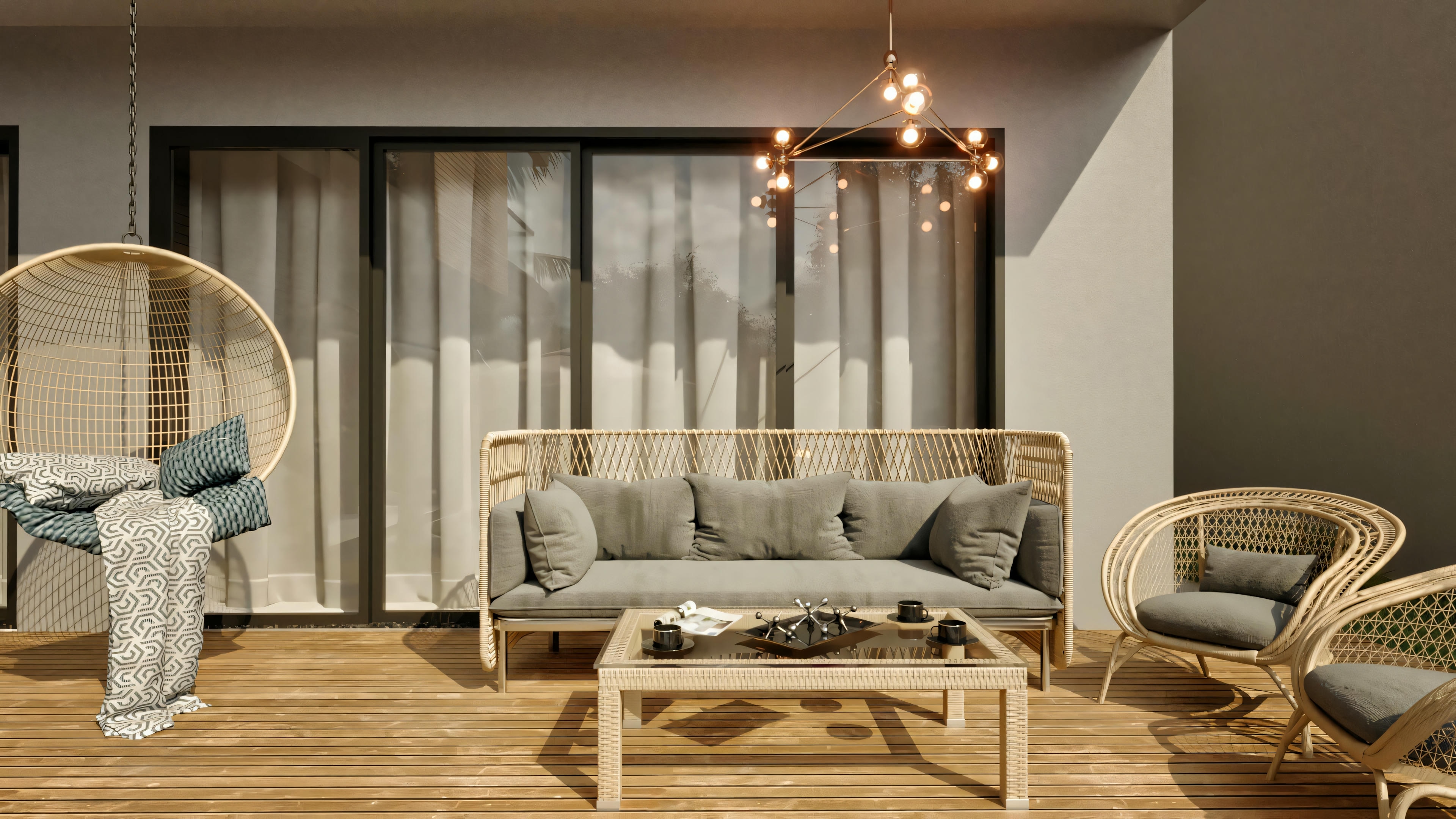 Wicker outdoor furniture with gray cushions on a wooden deck, including sofa, armchairs, and swing, in a 4-suite ground floor house.