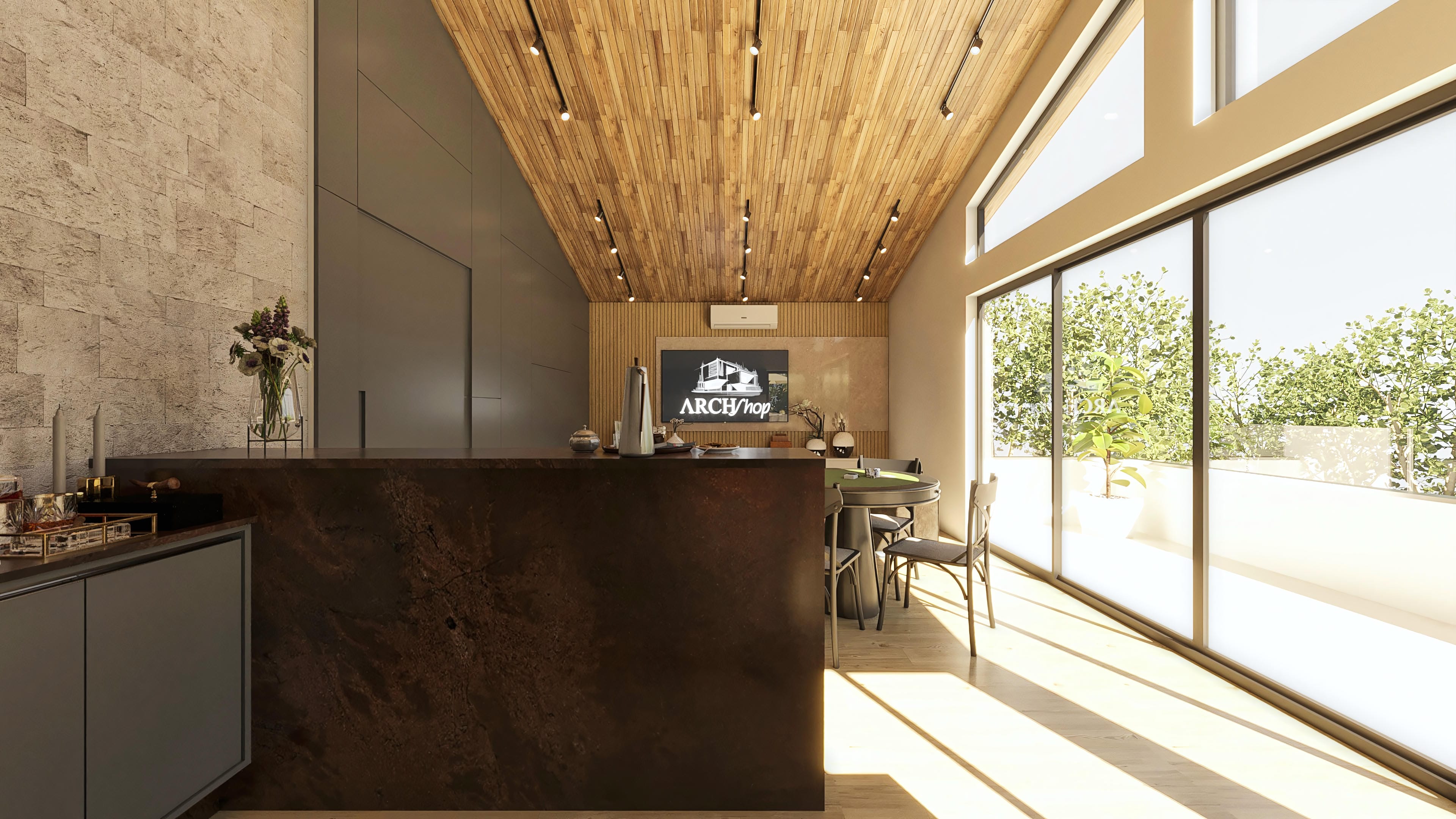 Modern house interior with an exposed wood ceiling, dark stone counter, and large window with a view of the outdoor area with a pool.