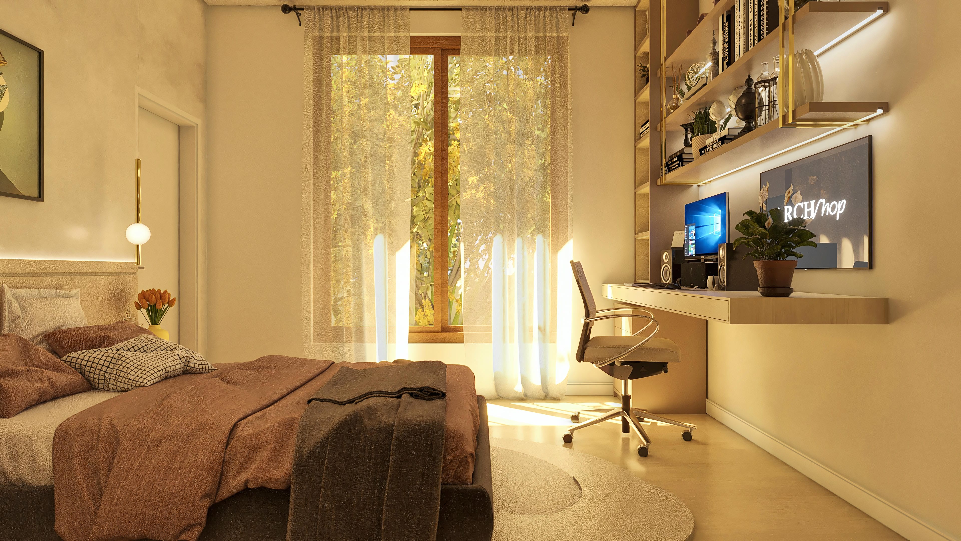 Interior details of a modern house, showing a cozy bedroom with a bed and a functional office with a desk and shelves.