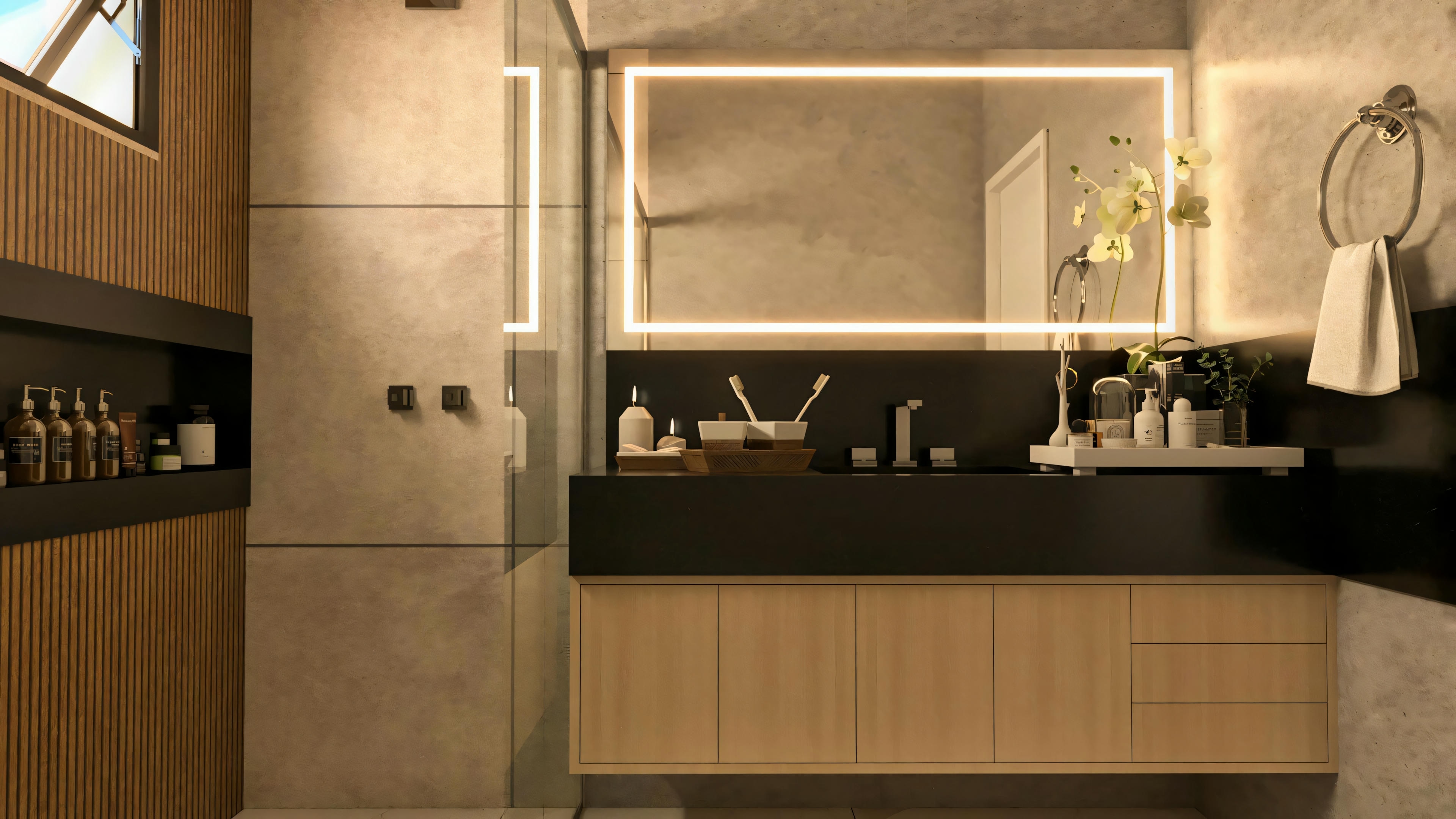 Modern suite bathroom in a bungalow house with 3 suites, featuring a dark vanity, wood-finish cabinet, illuminated mirror, and niche with slatted cladding. A 3-suite bungalow house project.