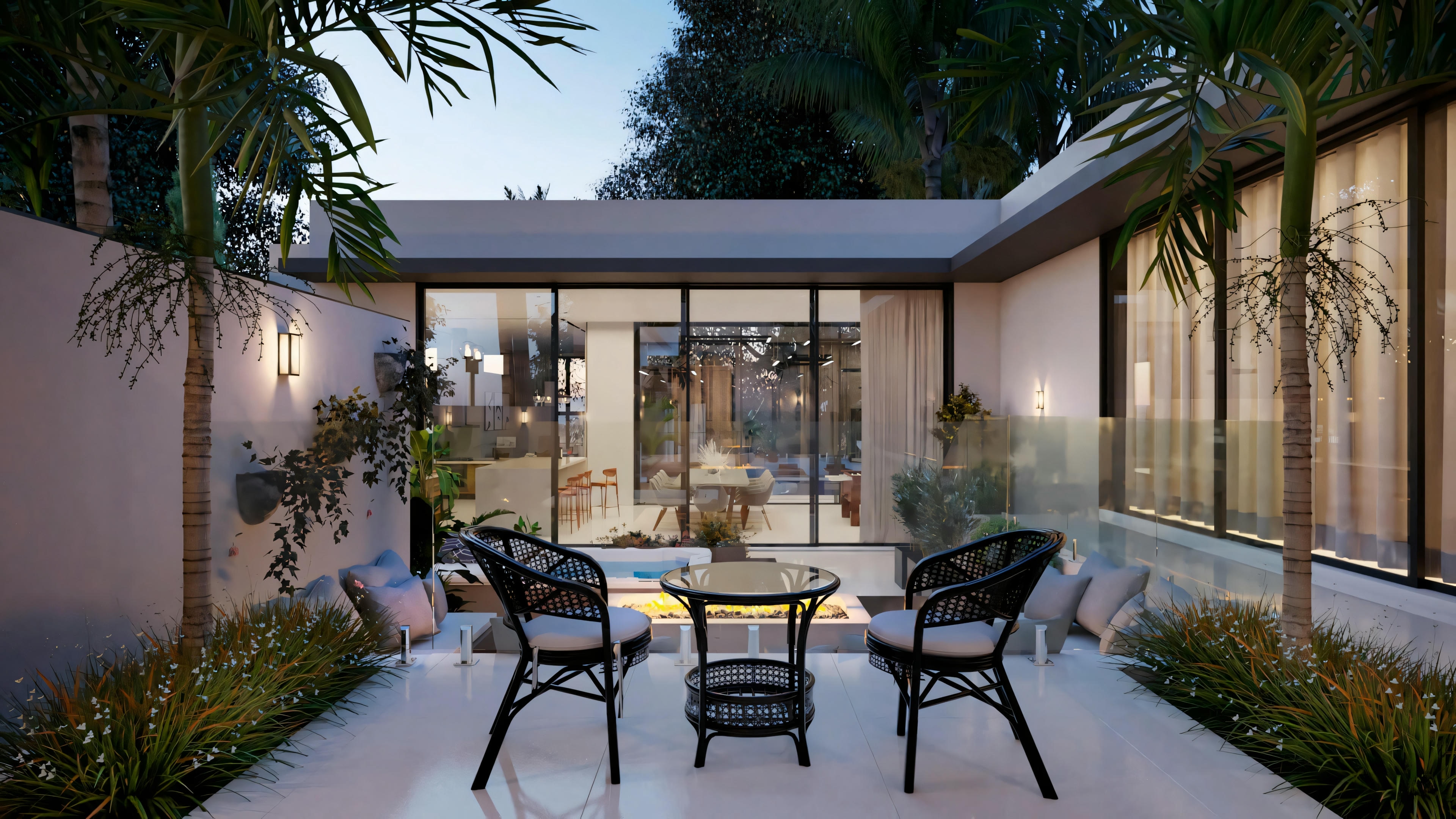 Outdoor area with a patio, chairs, and table, surrounded by glass walls and lush vegetation.