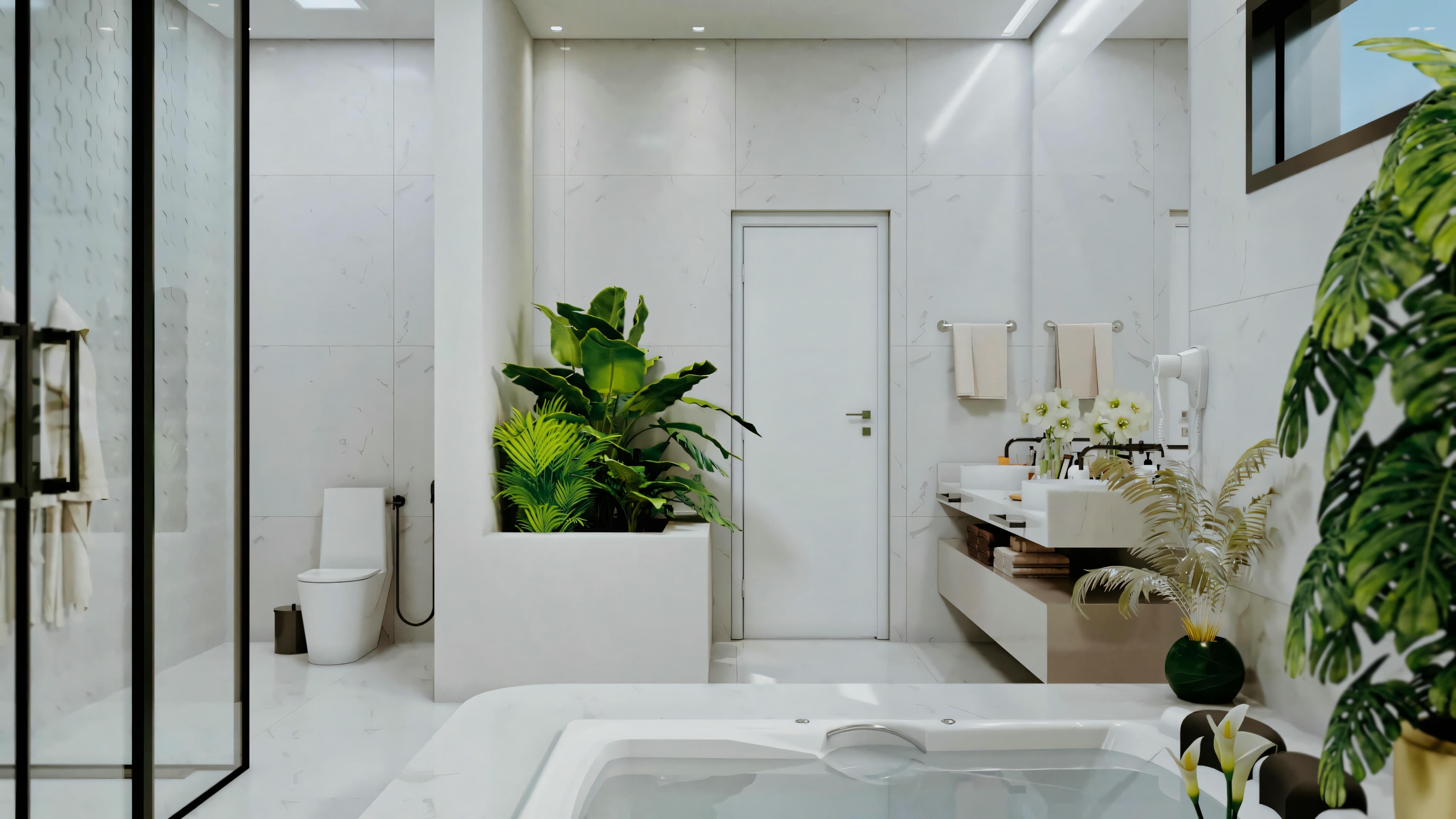 Ángulo de la suite principal en proyecto de casa moderna, exhibiendo panel de TV de madera, encimera con pufs, y acceso visual al vestidor organizado. Detalles incluyen iluminación empotrada, lámpara colgante, y parte de la cama y del panel listonado del cabecero. Proyecto de casa imponente con 4 suites, área gourmet y piscina.