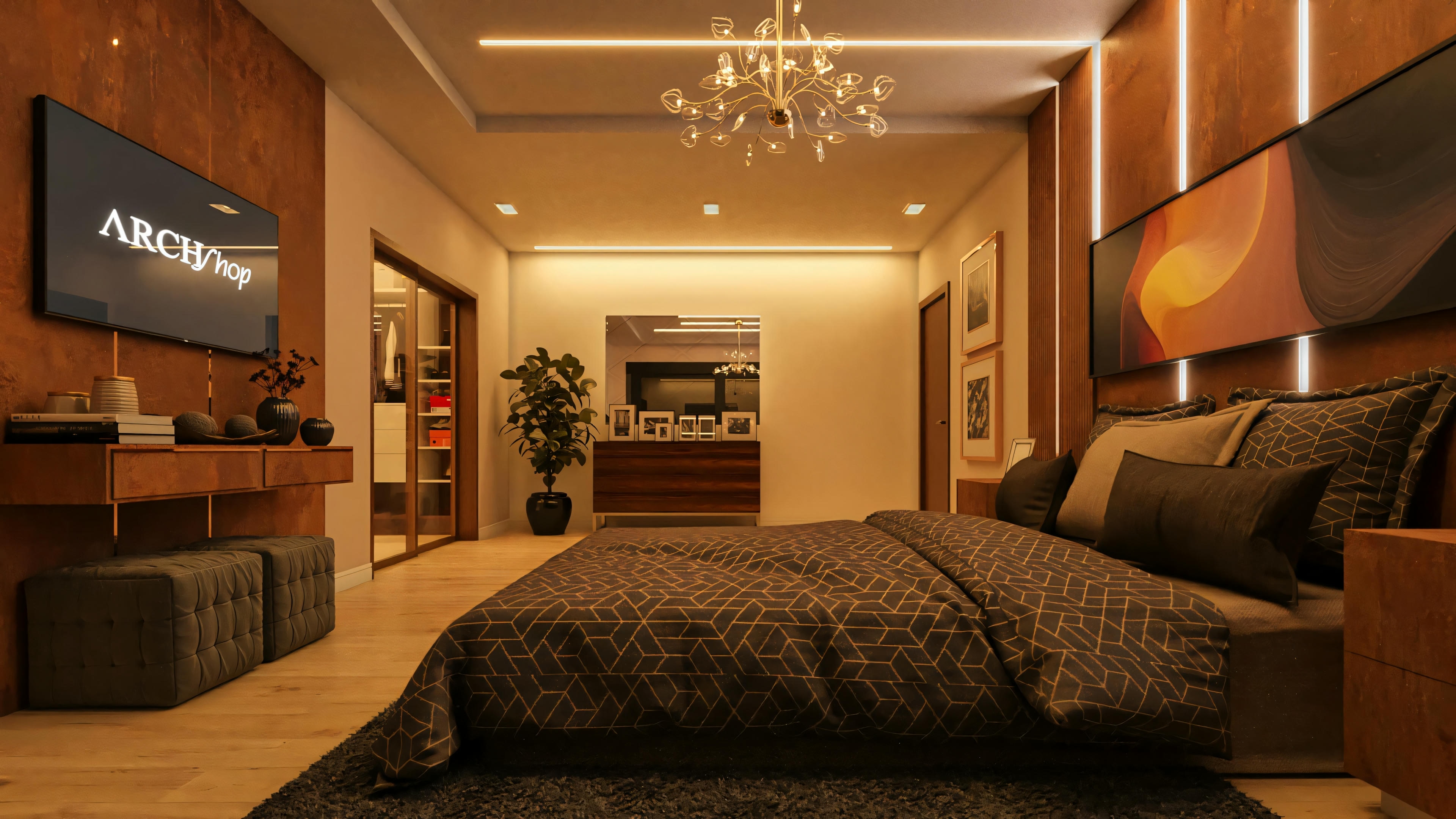 Ángulo de la suite principal en proyecto de casa moderna, exhibiendo panel de TV en madera, mesada con pufs, y acceso visual al vestidor organizado. Detalles incluyen iluminación empotrada, lámpara colgante, y parte de la cama y del panel listonado de la cabecera. Proyecto de casa imponente con 4 suites, área gourmet y piscina.