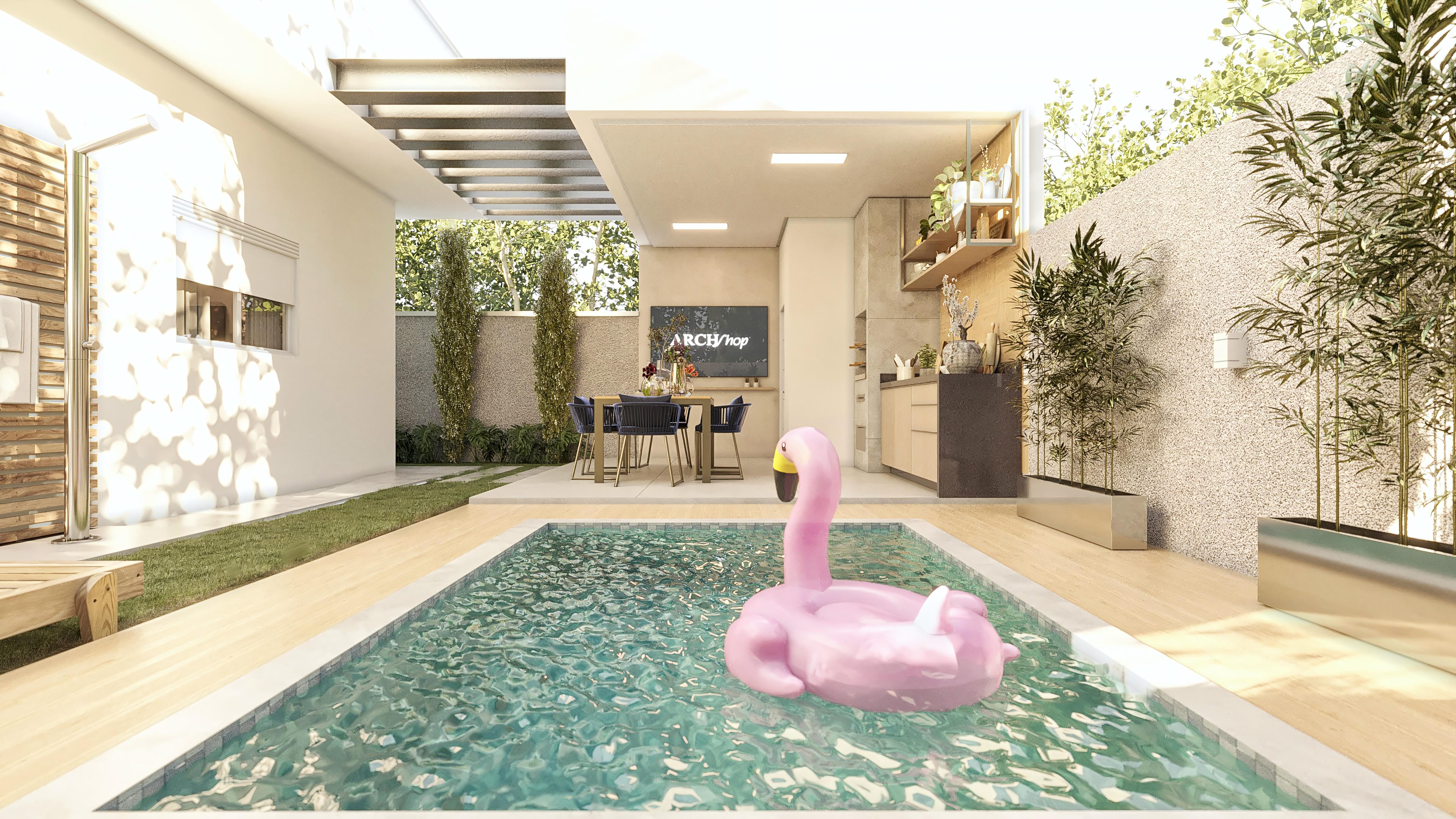 External view of a single-story house with pool, gourmet area, and landscaping. Modern facade with wide windows and materials like wood and exposed concrete.