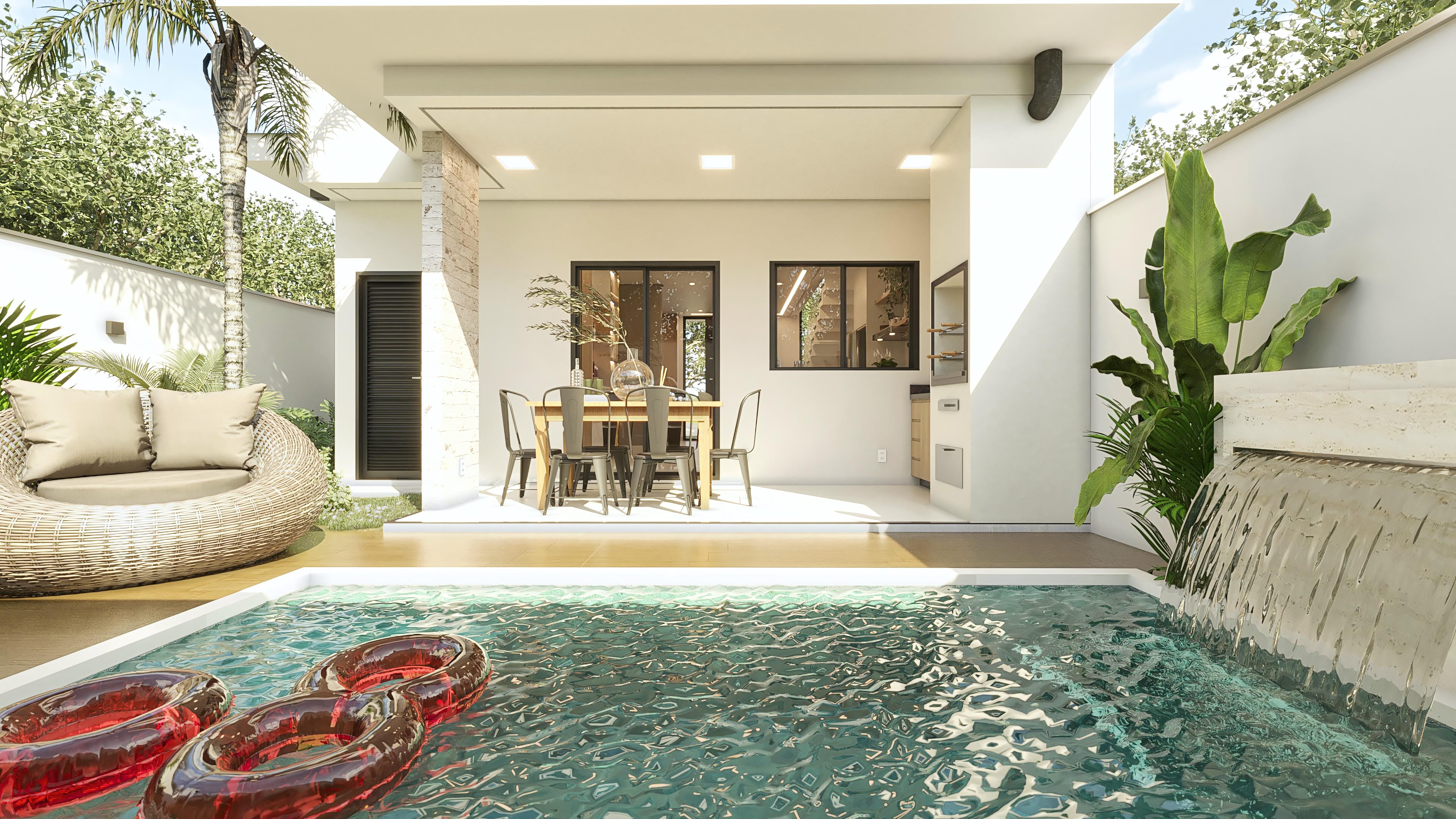 Área de lazer com piscina, cascata, área gourmet com churrasqueira e mesa de jantar em projeto de sobrado moderno.